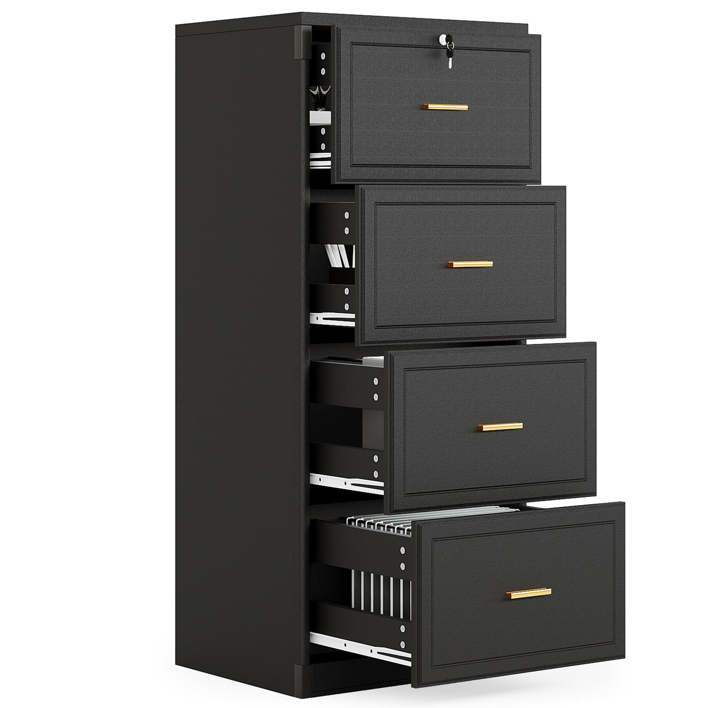 LITTLE TREE 4-Drawer File Cabinet with Lock, Large Vertical Storage Cabinet, Secure Space-Saver for Home Office, Compatible with A4/F4/Letter/Legal Size Files, Filing Cabinets for Home Office, Black