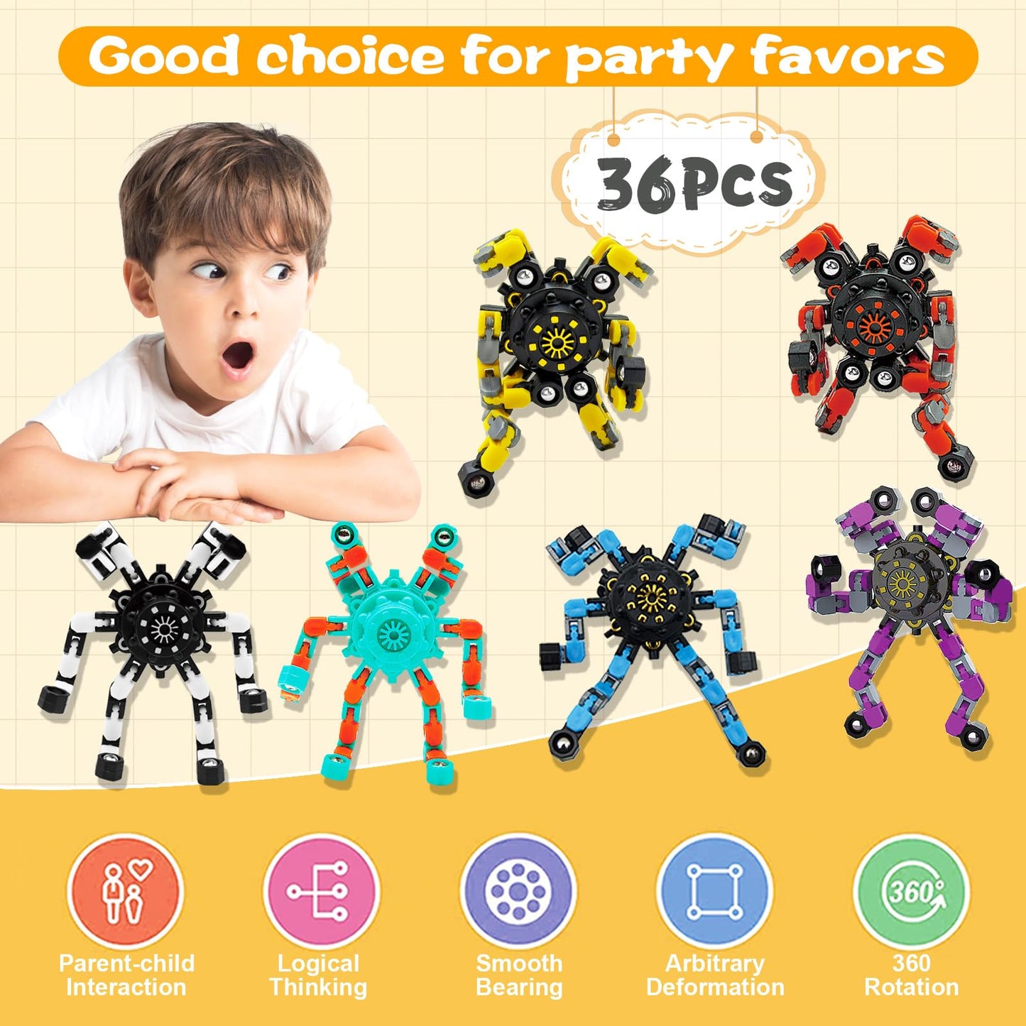 Easter Basket Stuffers 36PC Transformable Fidget Spinner for Kids,Deformable Chain DIY Robot Spinner Sensory Toy, Stress Relief Fingertip Gyros Fidget Toys Party Favors