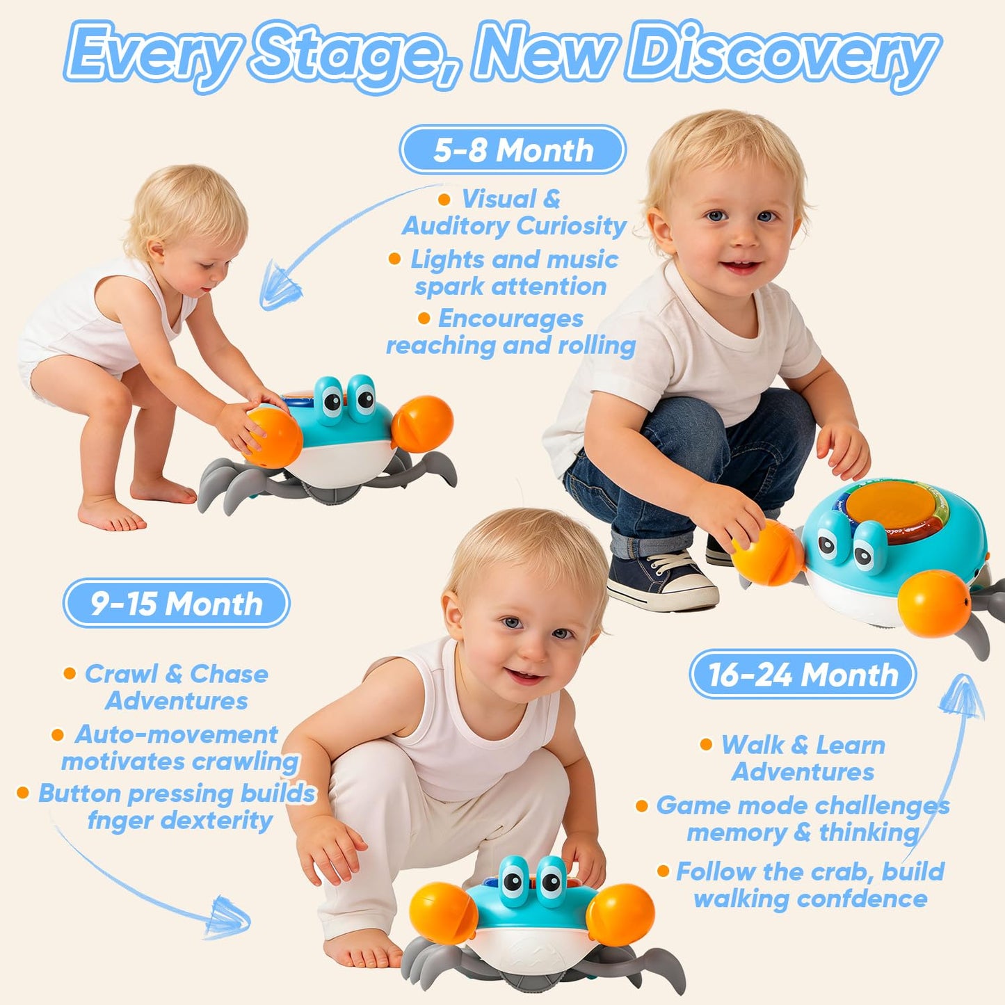 Crab Tummy Time Toys for 1 Year Old Kids, Light-up Dancing Musical Crawling Crab Baby Toy, Early Educational Tummy Time Baby Toys for 6-12 Months Toddlers, Boys and Girls 1st Birthday Gift.(Blue)