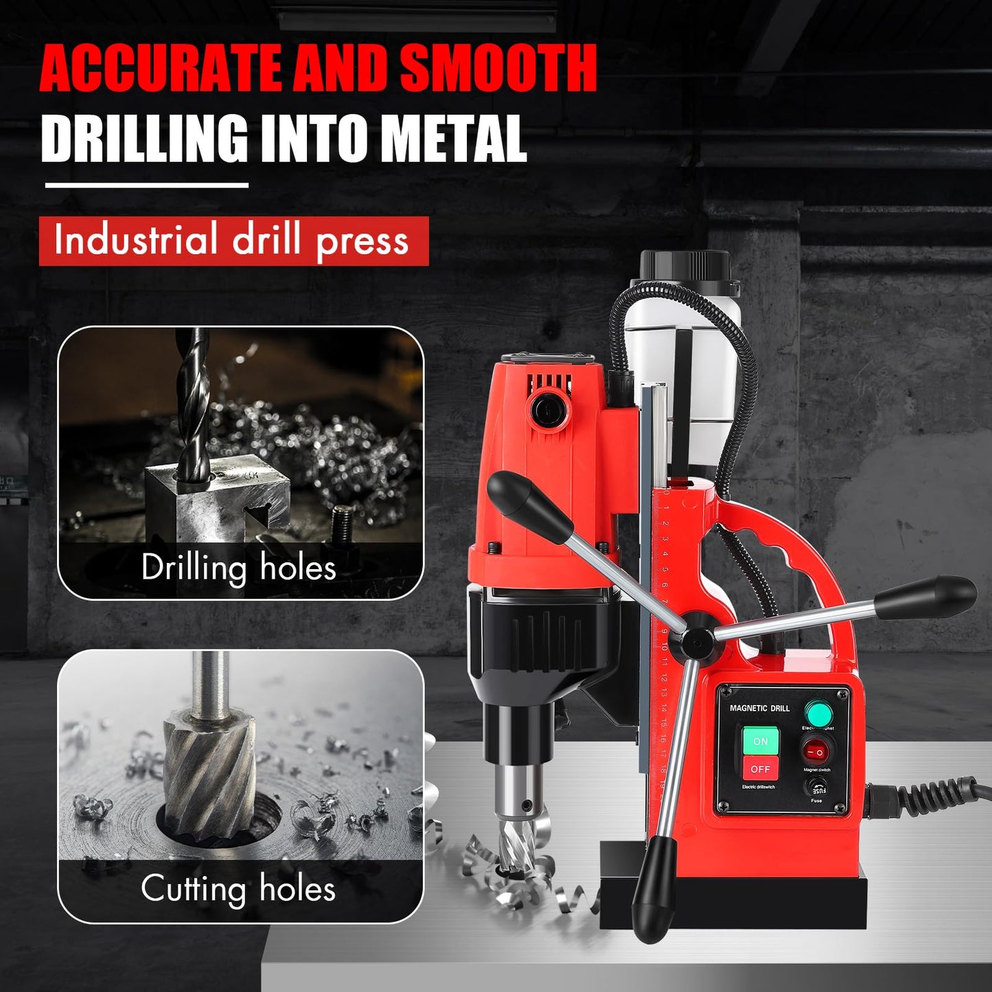 COZONY Mag Drill Press, 1100W 550RPM Portable Magnetic Drill Press, Magnetic Core Electric Drilling Machine for Metal Working,14Pcs Annular Cutters Drilling Bits，Red