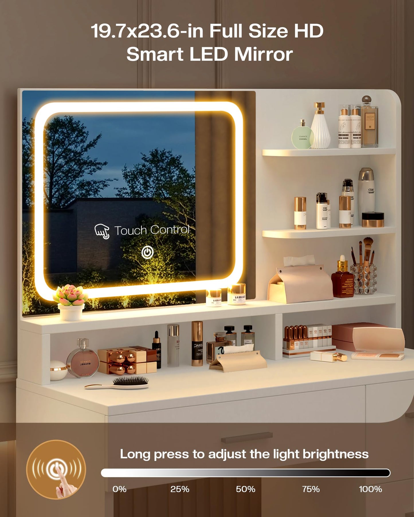 LIVELYGLOW Makeup Vanity Desk with Smart LED Mirror & Charging Station, 35.4" White Vanity Table Set with Cushioned Stool, 4 Drawers & Hairdryer Rack, Modern Bedroom Dressing Table-White