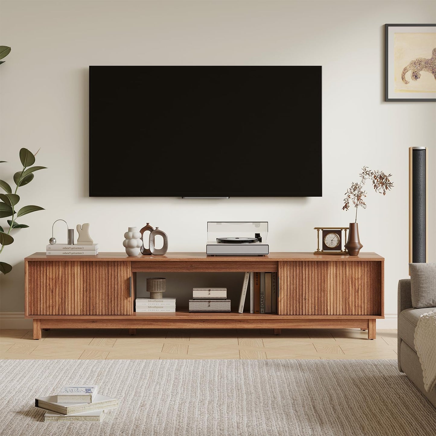 DUMOS TV Stand, Entertainment Center Media Console Table with Storage Cabinet, Mid Century Modern Wood Television Furniture with Cable Management Hole for Living Room, Office and Bedroom, 70" Wide
