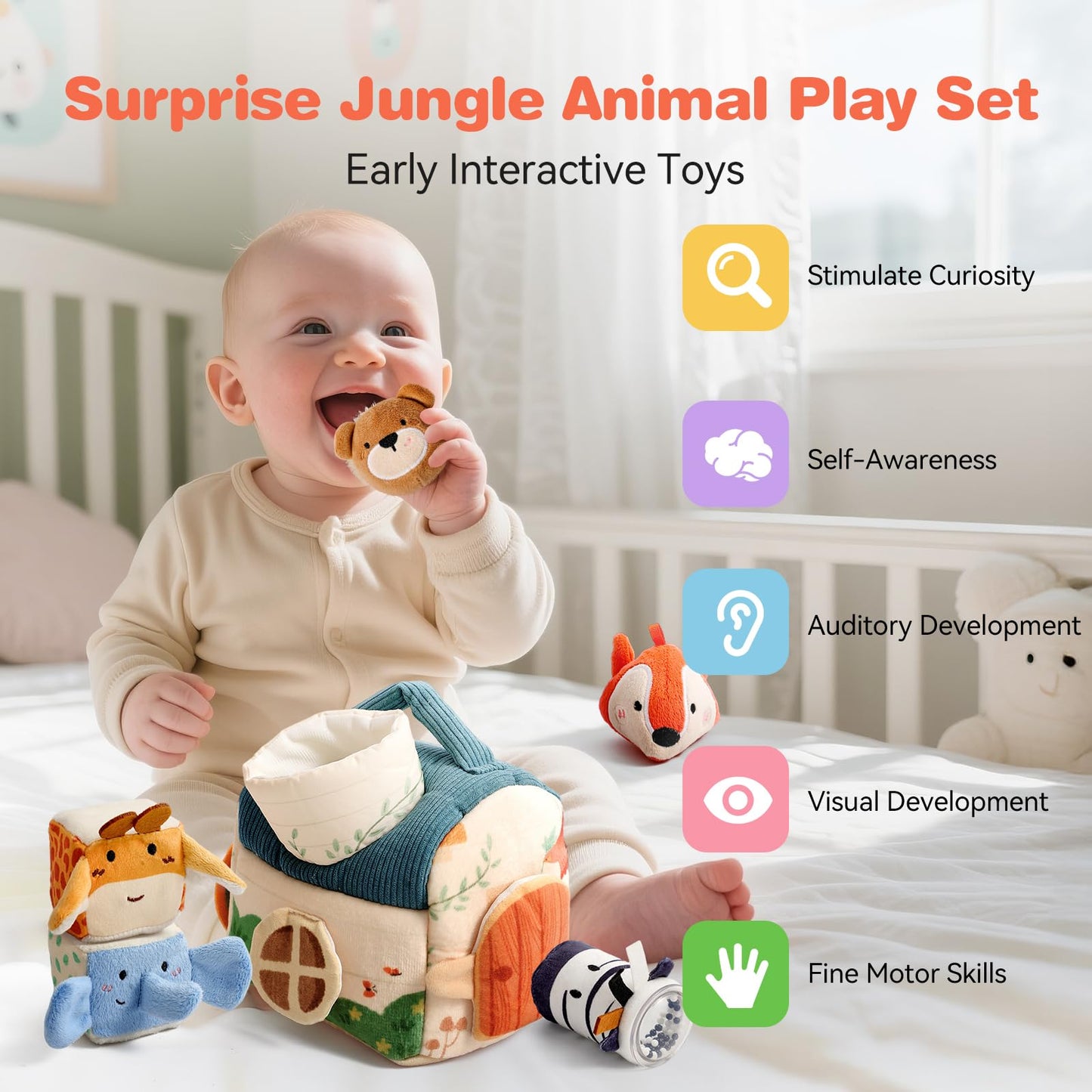 Youuys Baby Toys 6-12 Months Toys （ Montessori Toys Baby Tissue Box Sensory Toys & Jungle Soft Stuffed Animal Set with Rattle） - Toddlers Sensory Montessori Toy for 6 12 18 Months