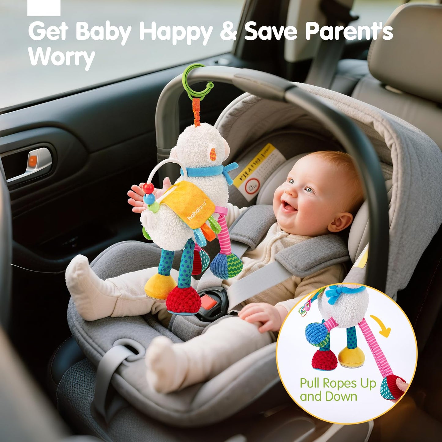 hahaland Baby Toys 0-6 Months - Baby Sensory Toys 0-3-6 Months Car Seat Toy Hanging - Musical Animals with Pull String Rattle Teether Crinkle Mirror, Crib Stroller Toy Tummy Time Easter Gifts for Baby