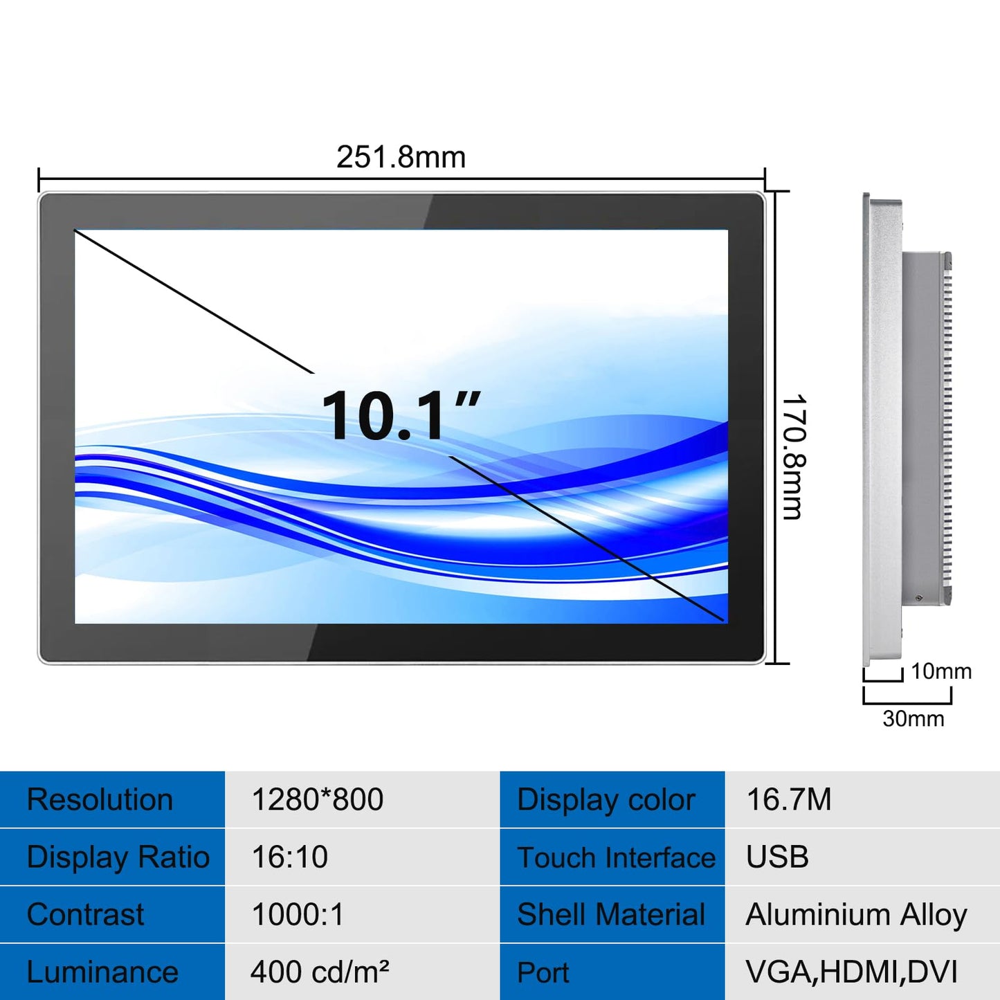 GreenTouch 10.1 Inch Industrial Embedded Interactive Touchscreen Monitor, Capacitive Multi-Touch Screen Display with Front IP65 Water-Proof - 1280 x 800 Resolution