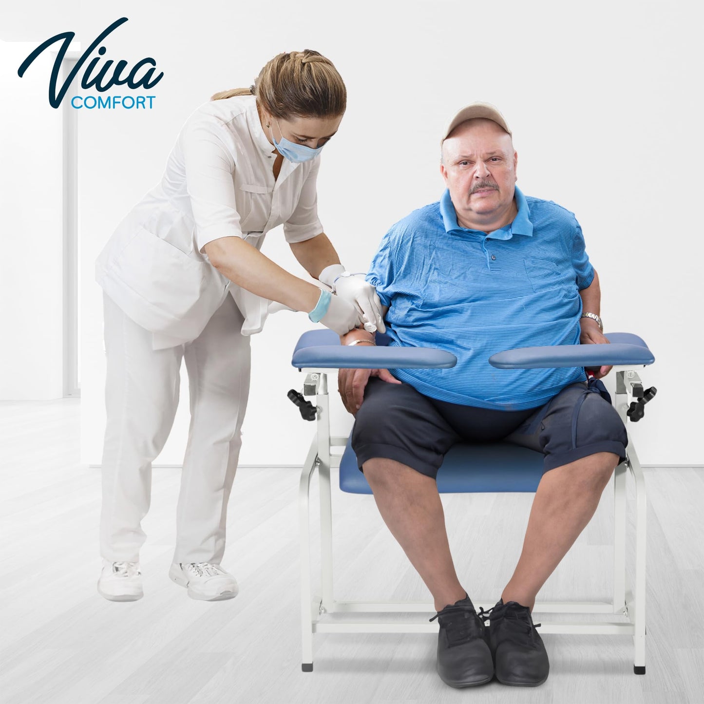 VivaComfort Blue Bariatric Wide Padded Blood Drawing Chair, Phlebotomy Chair with Adjustable Armrest, 35" H x 18" L x 29"W, Blood Draw Chair, Medical Chair, Great for Mommy and Me