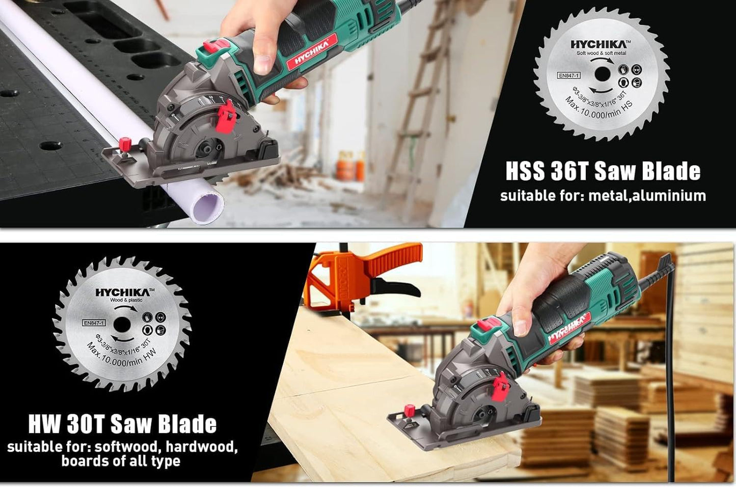 HYCHIKA Mini Circular Saw, Compact with 3 Blades 4A Pure Copper Motor, Scale Ruler, 3-3/8”4500RPM Ideal for Wood, Soft Metal and Plastic Cuts