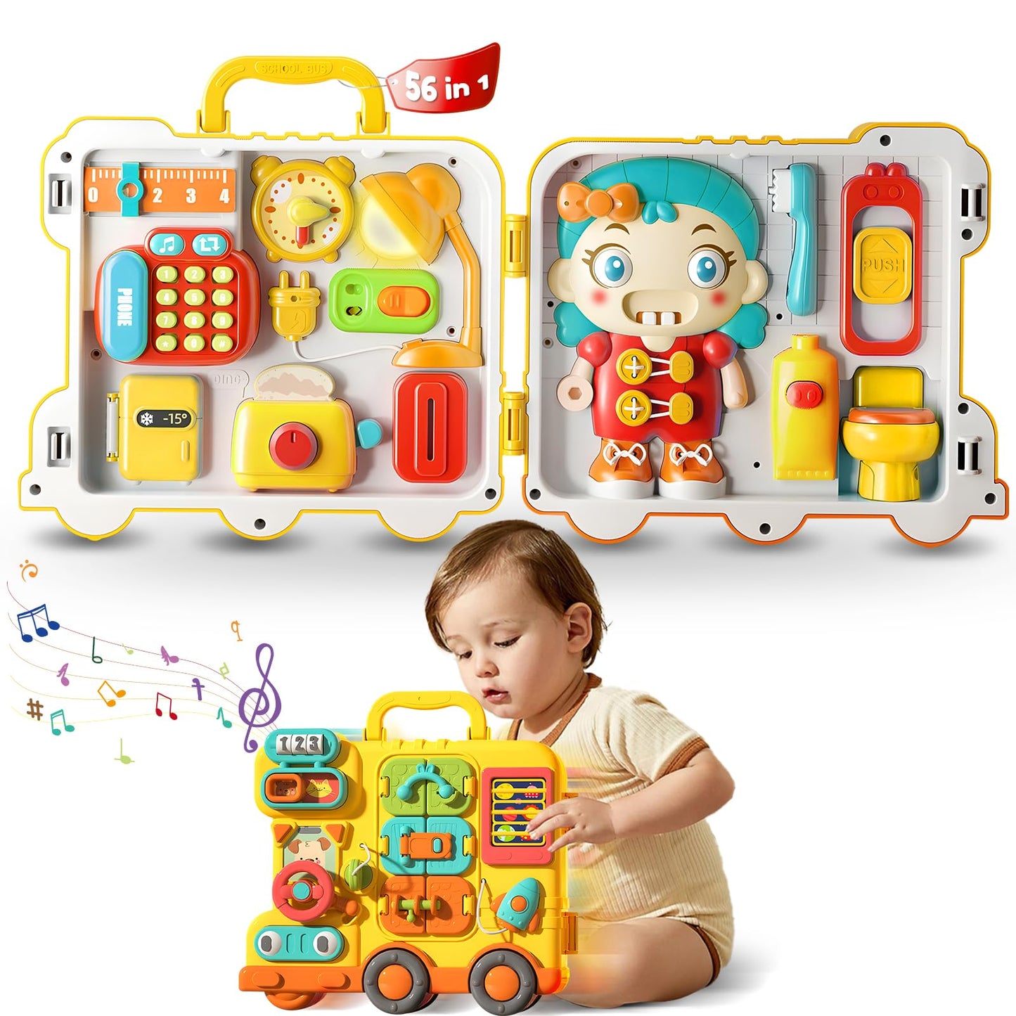 ROHSCE Busy Board for Toddlers 1-3, Montessori Travel Activity Toys with Music, Portable Toddler Activity Board to Develop Fine Motor Skills, Educational Toys for 1 Year Old Boys Girls