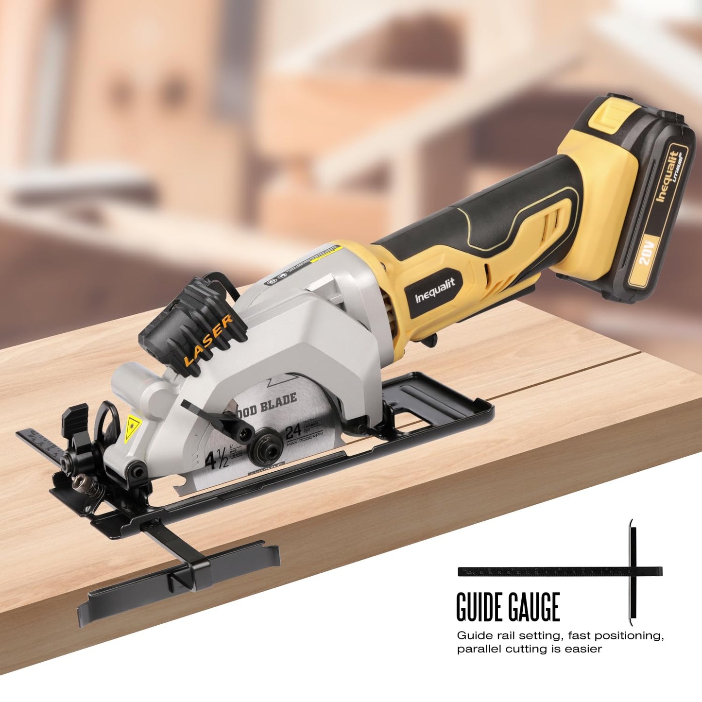 Inequalit 4-1/2 Inch Mini Circular Saw, 3400 RPM Cordless Circular Saw with Laser Guide, Rip Guides, 2 Blades (24T Wood + 60T Metal), Max Cutting Depth 1-11/16" (90°), 1-1/8" (45°)"