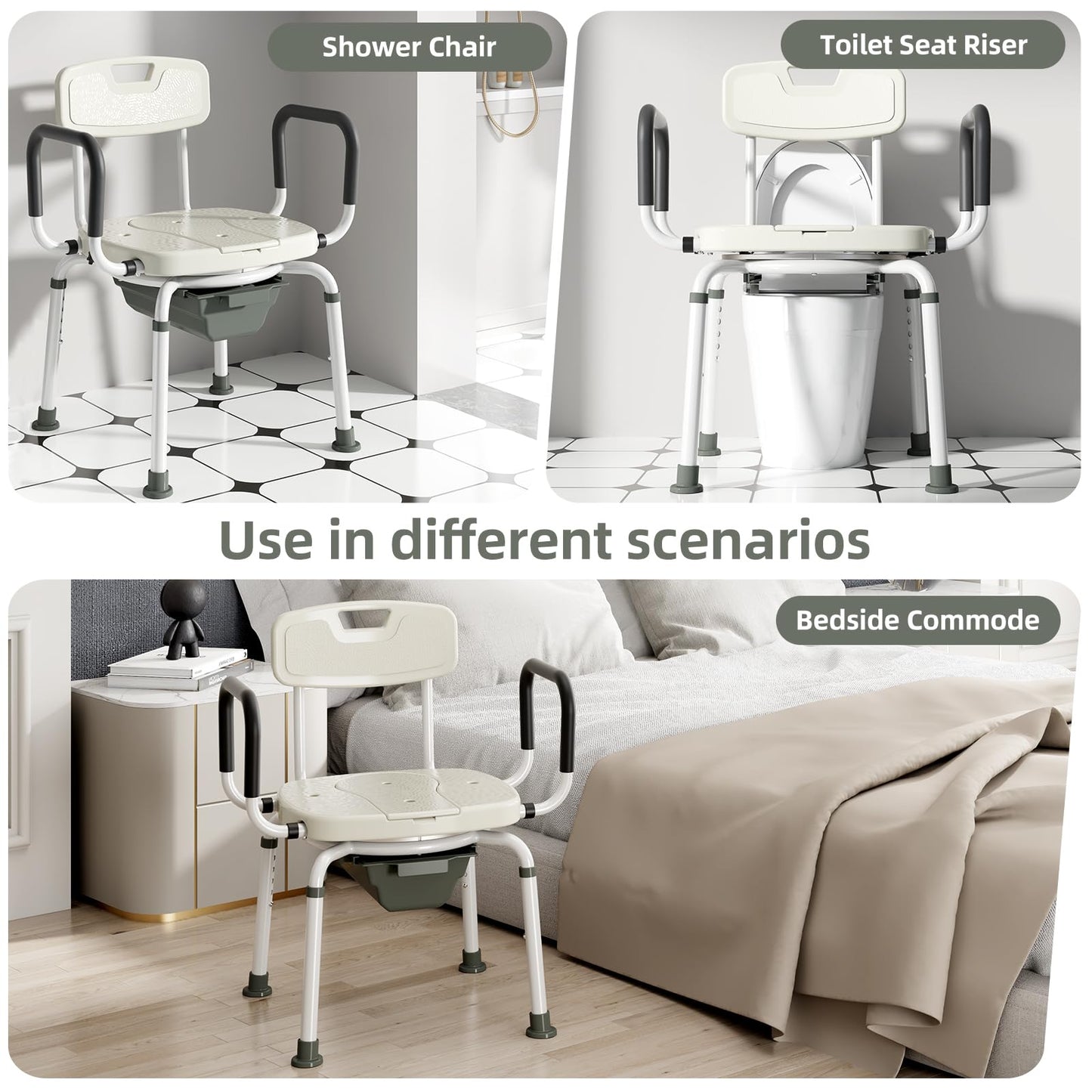 4 in 1 Bedside Commode for Seniors,Portable Toilet for Adults with Arms & Removable Bucket,Height Adjustable Commode Chair for Toilet，Swivel Shower Chair for Inside Shower for Handicapped, Adults