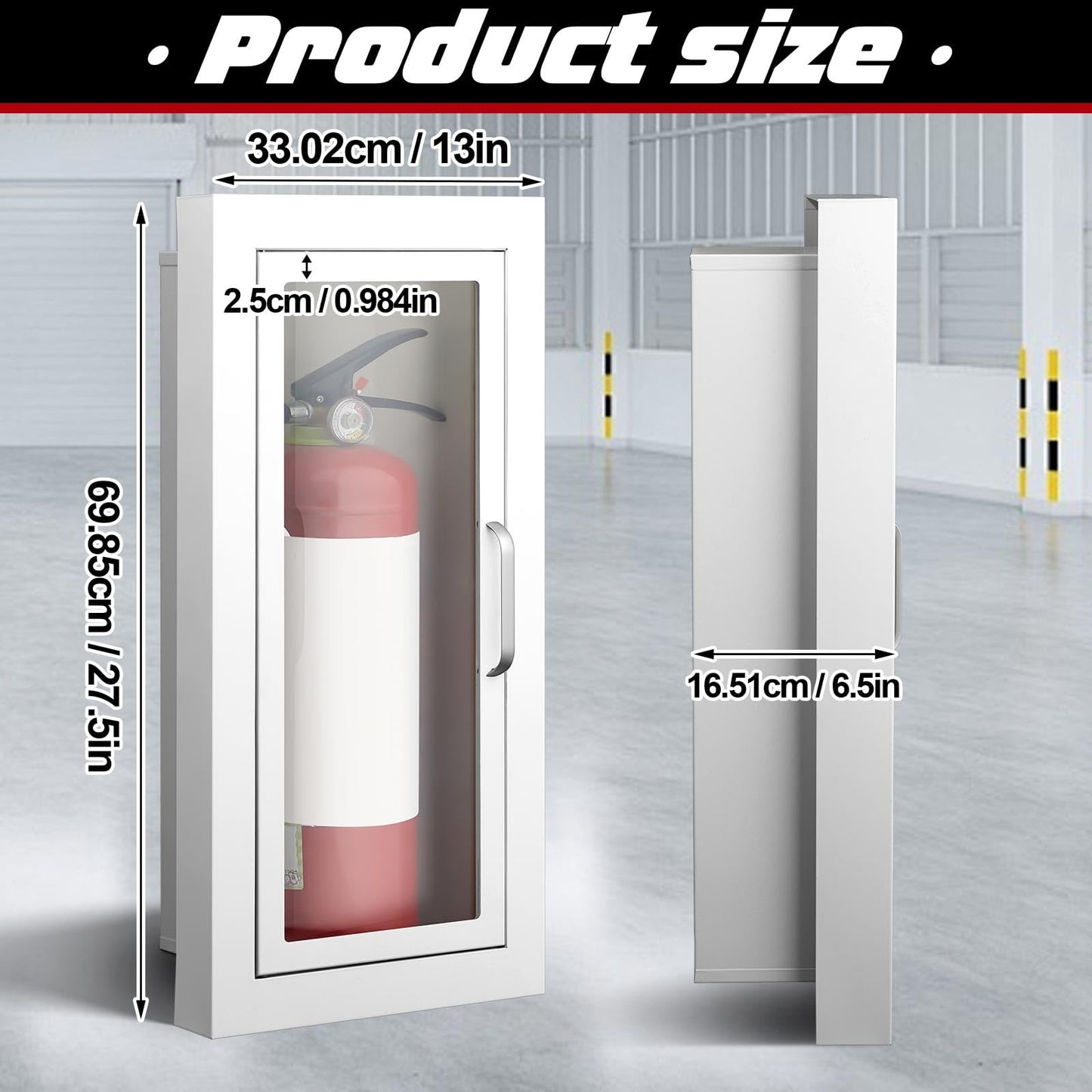 Zonon 1 Pcs Semi Recessed Fire Extinguisher Cabinet, Steel Wall Mount Cabinet with Magnetic Door & Handle, Acrylic Window, 2.5" Trim Frame, Fits 2.5/5/10 lb Fire Extinguishers, White
