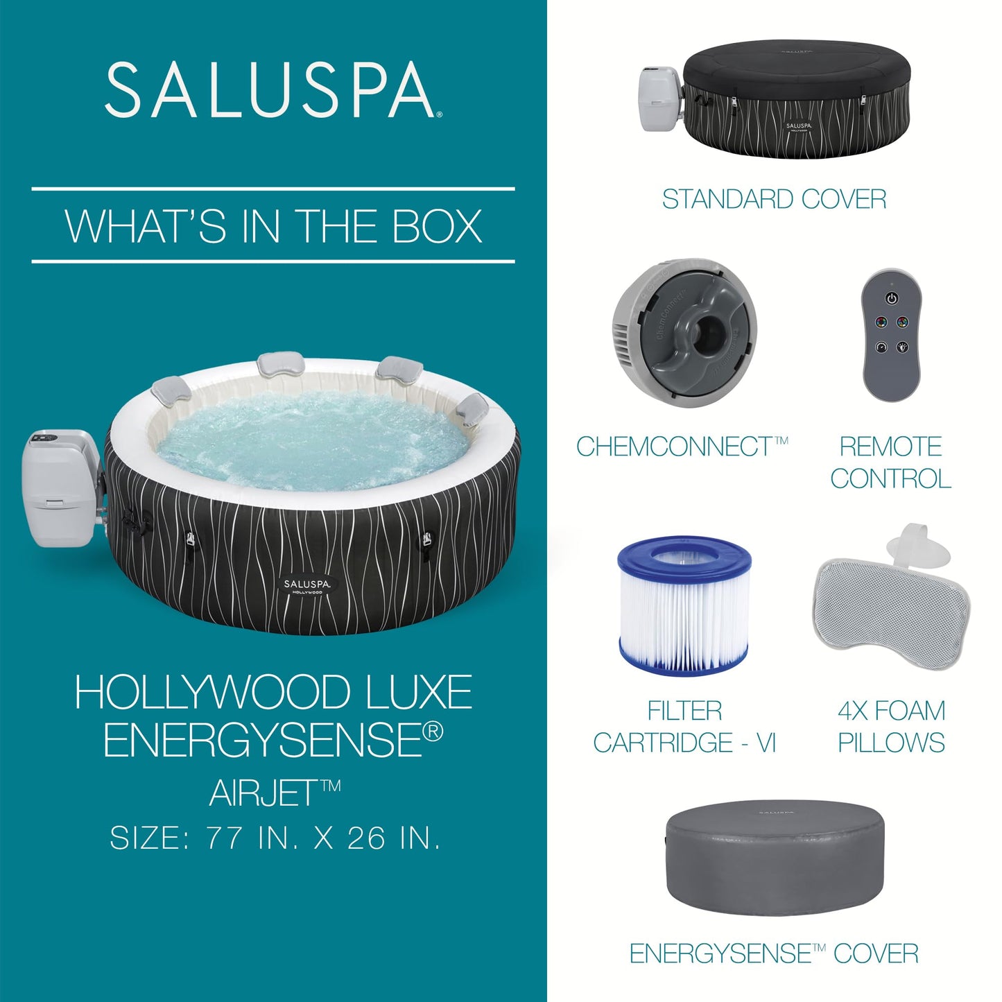 Bestway SaluSpa Hollywood EnergySense Luxe AirJet Round Inflatable 4 to 6 Adult Hot Tub with Heater, Filter, 2 Covers, and 140 AirJet System