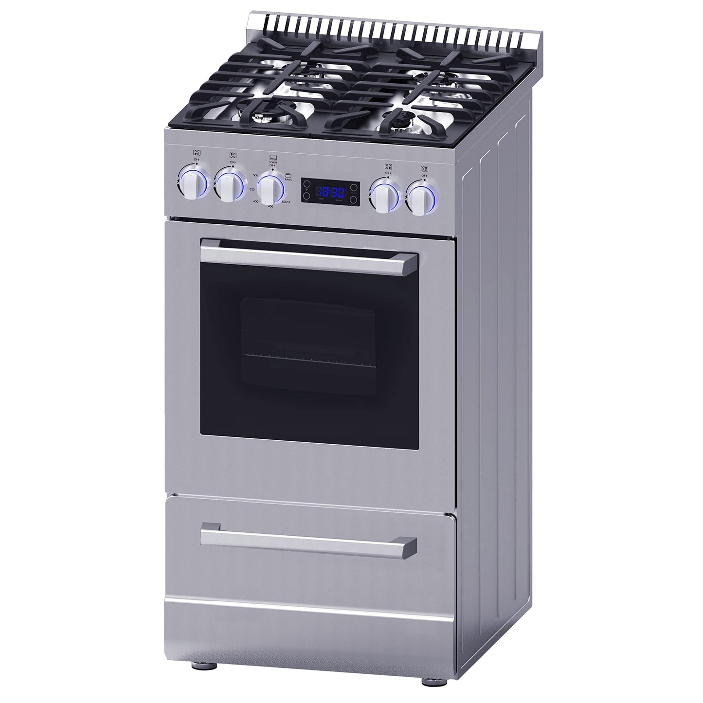 Avanti Gas Range Oven ELITE Series Compact Freestanding Design, 2.1-Cu.Ft. Capacity 4 Sealed Burners with Electronic Ignition, Includes Broiler Storage Drawer and Accessories, 20-Inch, Stainless Steel