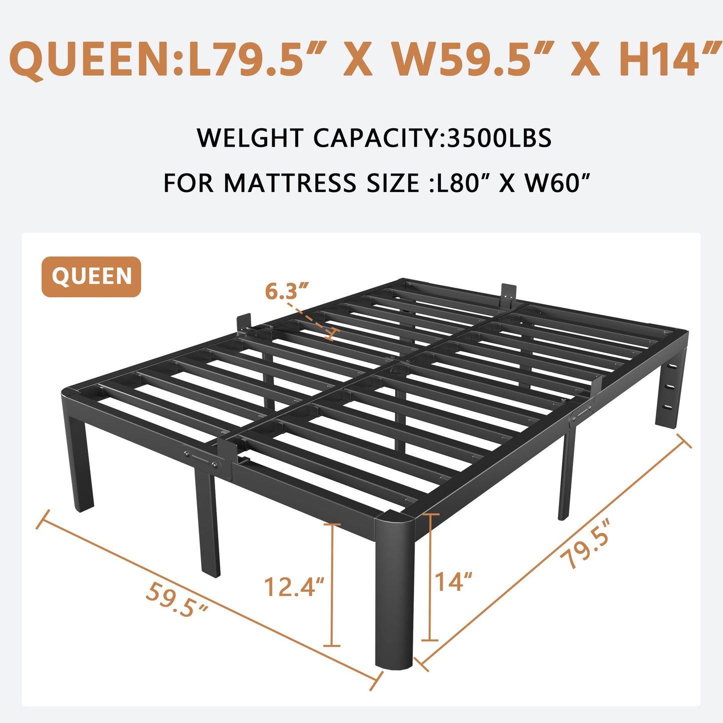 KZZLOL Black Bed Frame Queen Size 14 Inch, Metal Queen Bed Frame No Box Spring Needed, DIY Headboard Holes, Heavy Duty Steel Support 3500 LBS, Noiseless, Round Corner Leg, Storage Space, Easy Assembly