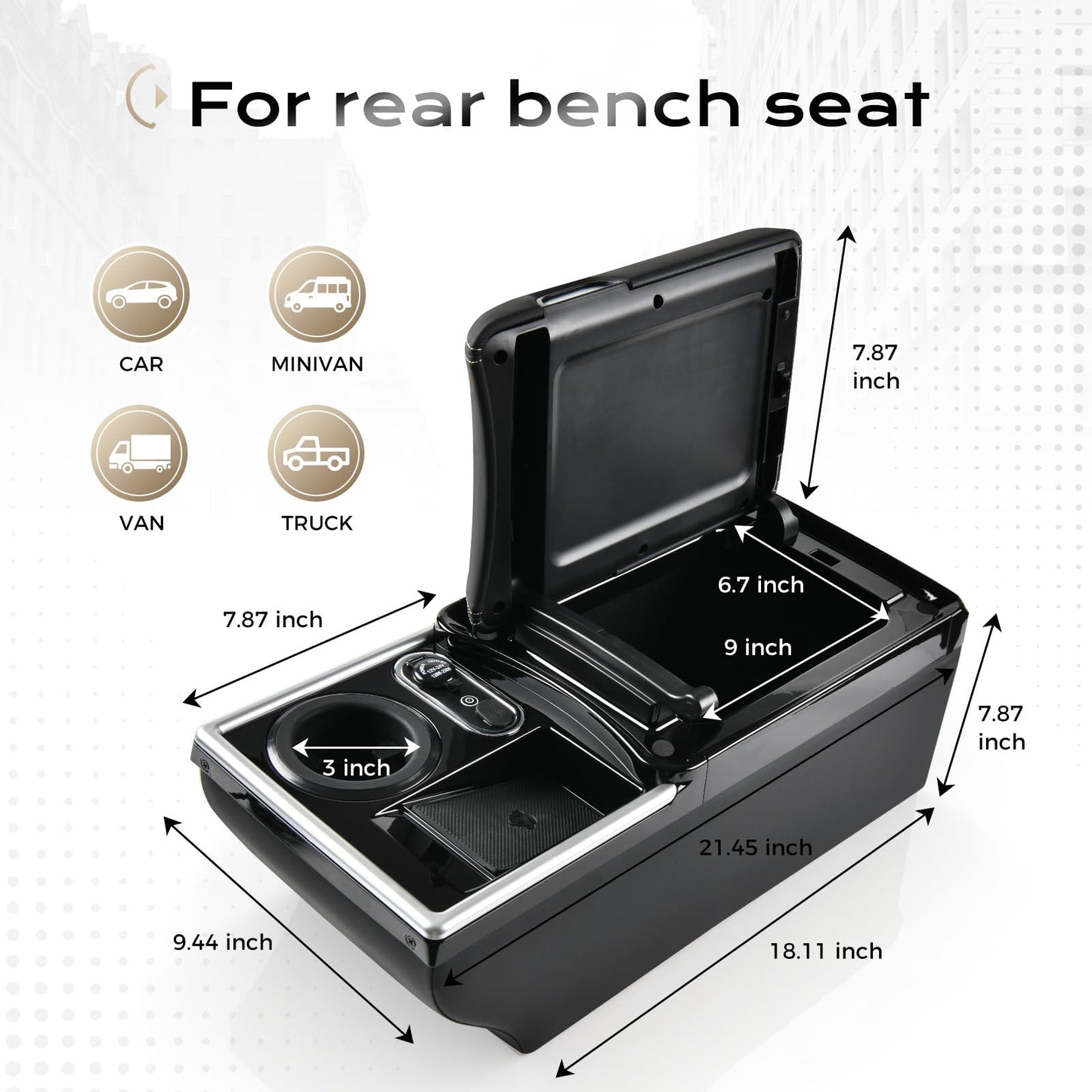 Coverado Center Console, Universal Bench Seat Center Console with Wireless Charging & Cup Holder & 7 Light Modes, Truck Back Seat Car Organizer, Rear Central Car Armrest Box with Storage, Black