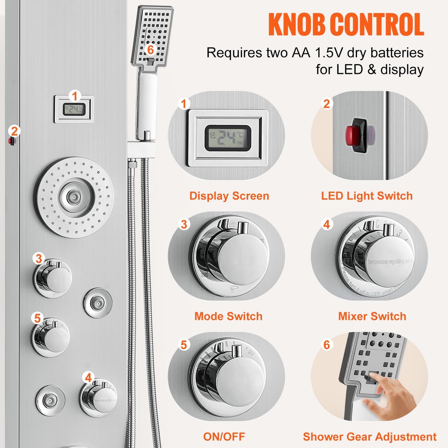 VEVOR Shower Panel Tower System, 6 Shower Modes, LED & Display Shower Panel, Rainfall, Waterfall, 4 Body Massage Jets, Tub Spout, Handheld Shower Head 59" Hose, Stainless Steel Wall-Mounted Shower Set