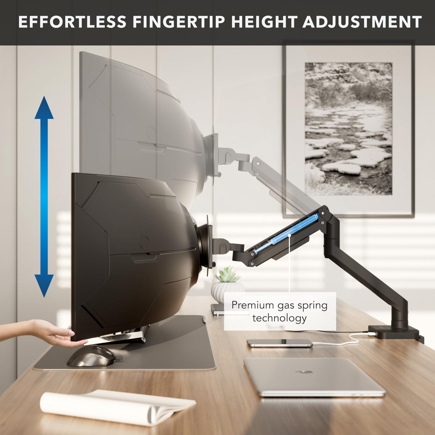 Mount-It! Proflex Series Heavy-Duty Monitor Desk Mount, Fits 17–49” Ultrawide Curved Screens, Full Motion Gas Spring Arm, 44 lbs Capacity, USB-C & USB 3.0 Ports, VESA 75/100, Clamp or Grommet Base