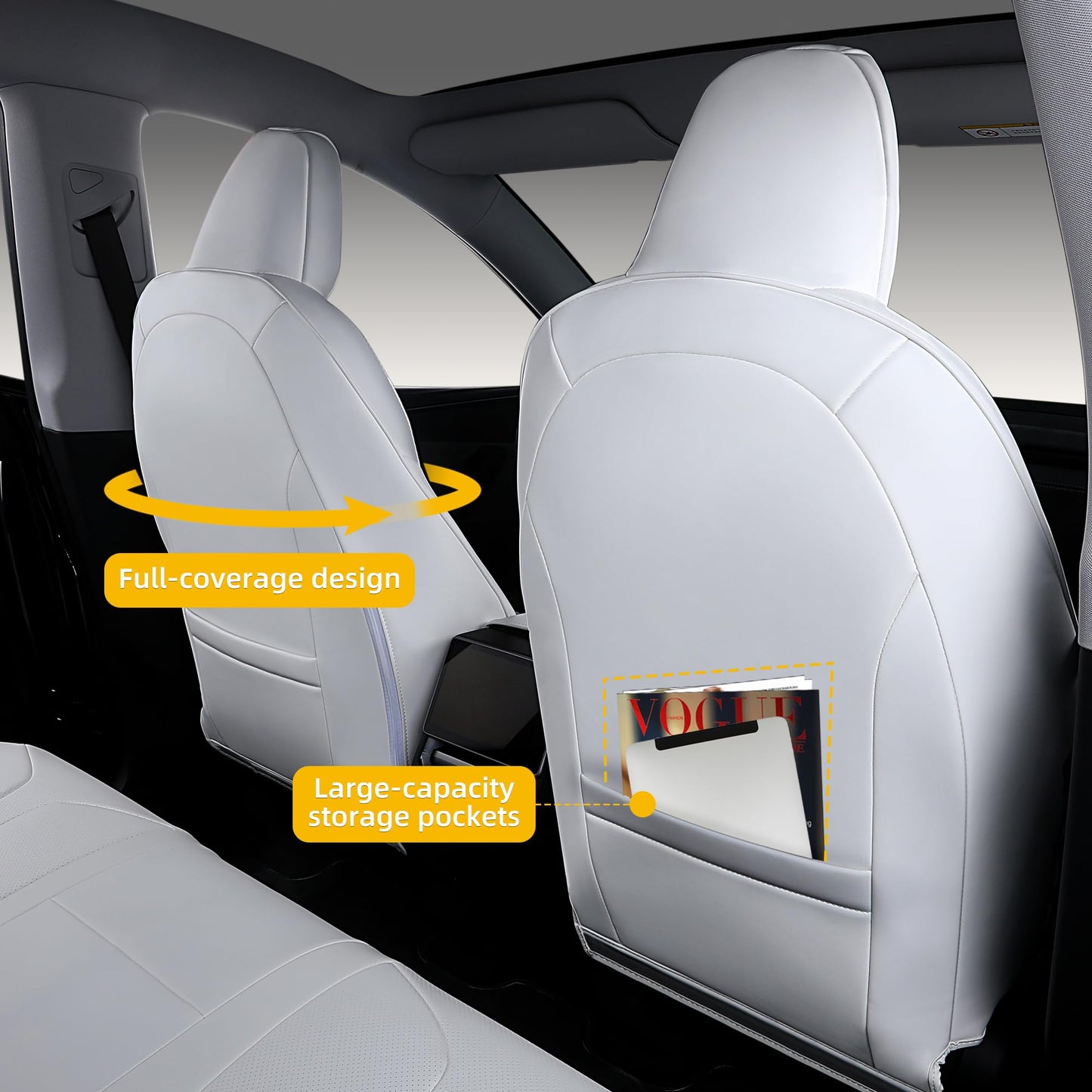 OURPLOT Custom Fit Seat Covers for 2025 2026 Tesla Model Y Juniper (5-Seater), Waterproof Breathable Nappa Leather, OEM Factory Style Full Set Car Seat Protectors Airbag Compatible - White
