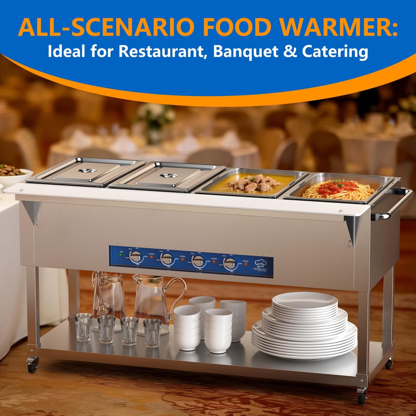 TOPKITCH Commercial Electric Food Warmer Soup Station - 4 Independent 19.5L Pans with German EGO Thermostat, Rolling Stand with Adjustable Shelves for Restaurant, Catering, Party