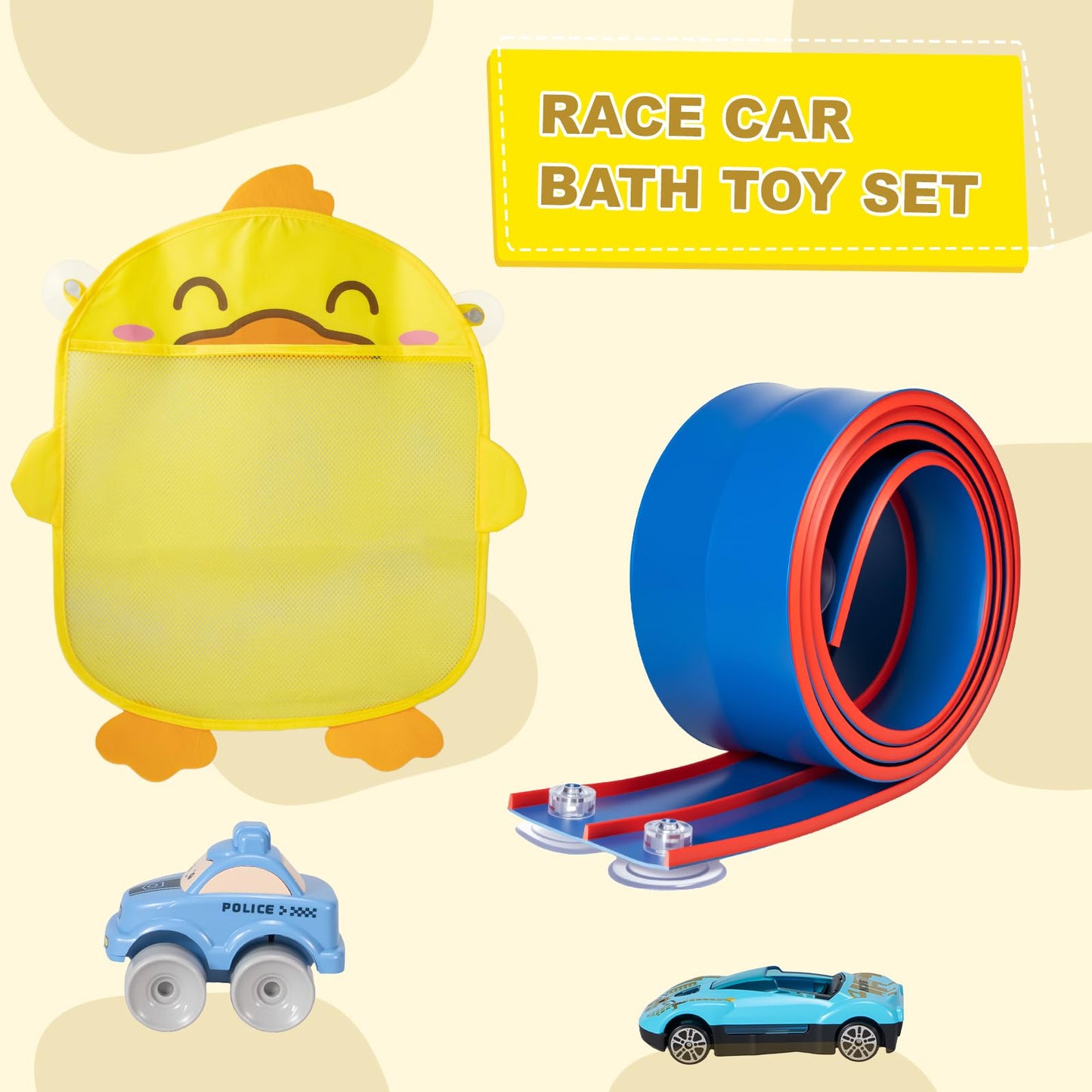 Race Car Bath Toy Set, Toddler Bath Toys, Flex Race Track Car Set, Kids Bathtub Gift, Including Mesh Storage Bag - Suction Cup, for Ages 3 & Up (10-Piece Set) (Blue & Red)
