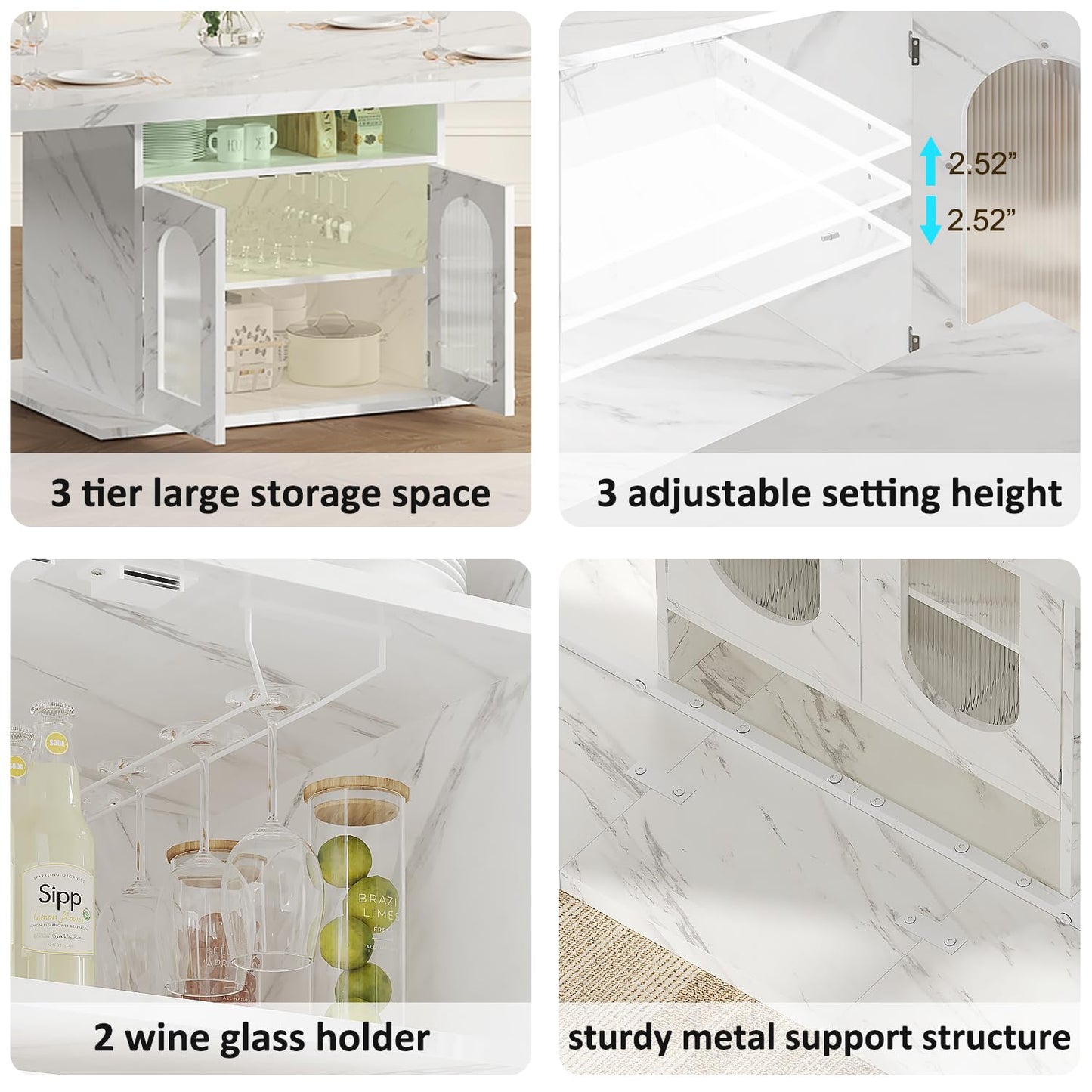 HSH Dining Table for 4–6, 63" Modern Kitchen Dining Room Table with Storage Shelves & Acrylic Door Cabinet,Wood Rectangle Dinner Table with Faux Marble Top for Home Apartment, White Faux Marble