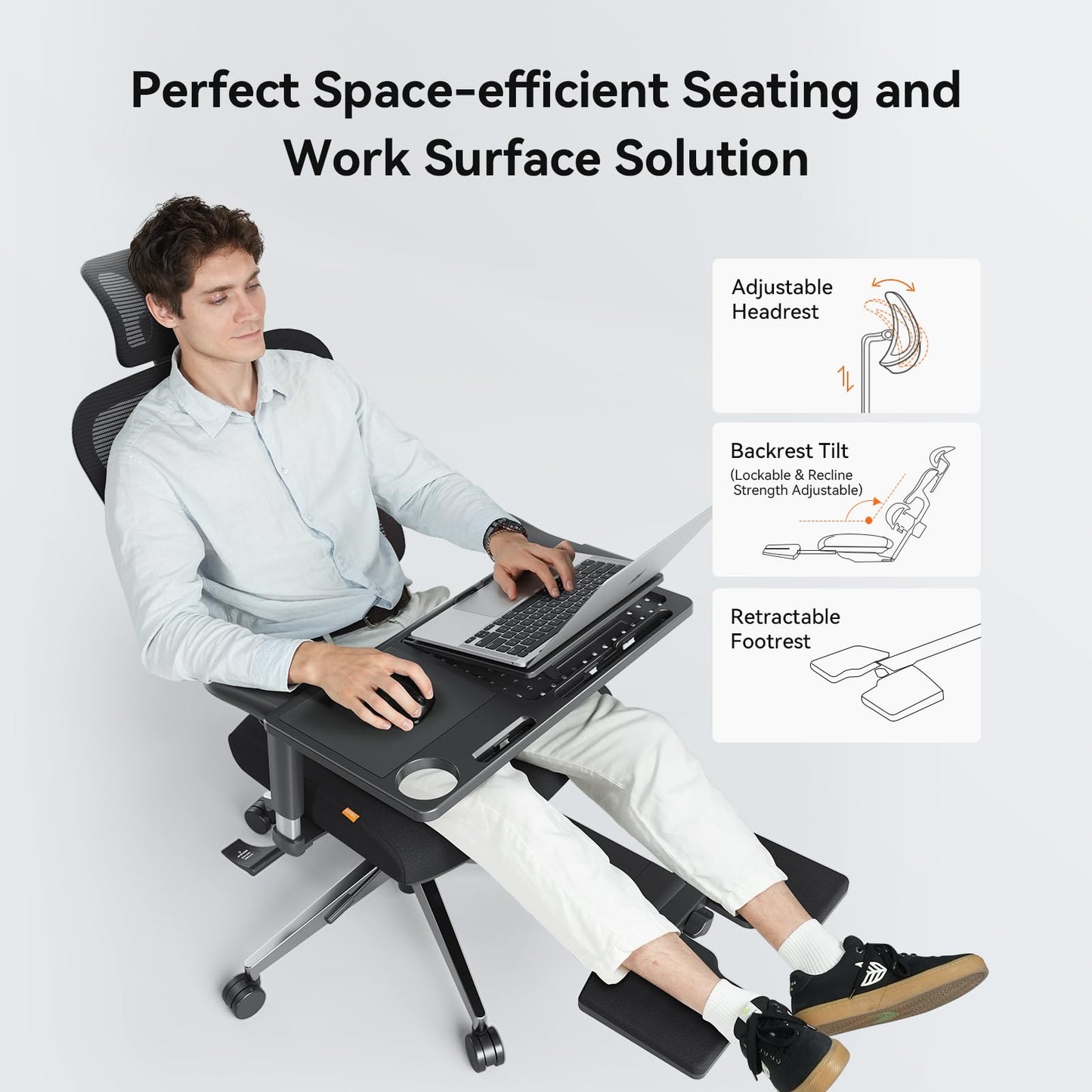Newtral Office Chair Ergonomic - Home Office Desk Chair, Big and Tall Office Chair, Auto-Following Lumbar Support for Back Pain, Adjustable Seat Depth and Height (with Footrest + Laptop Tray, Black)