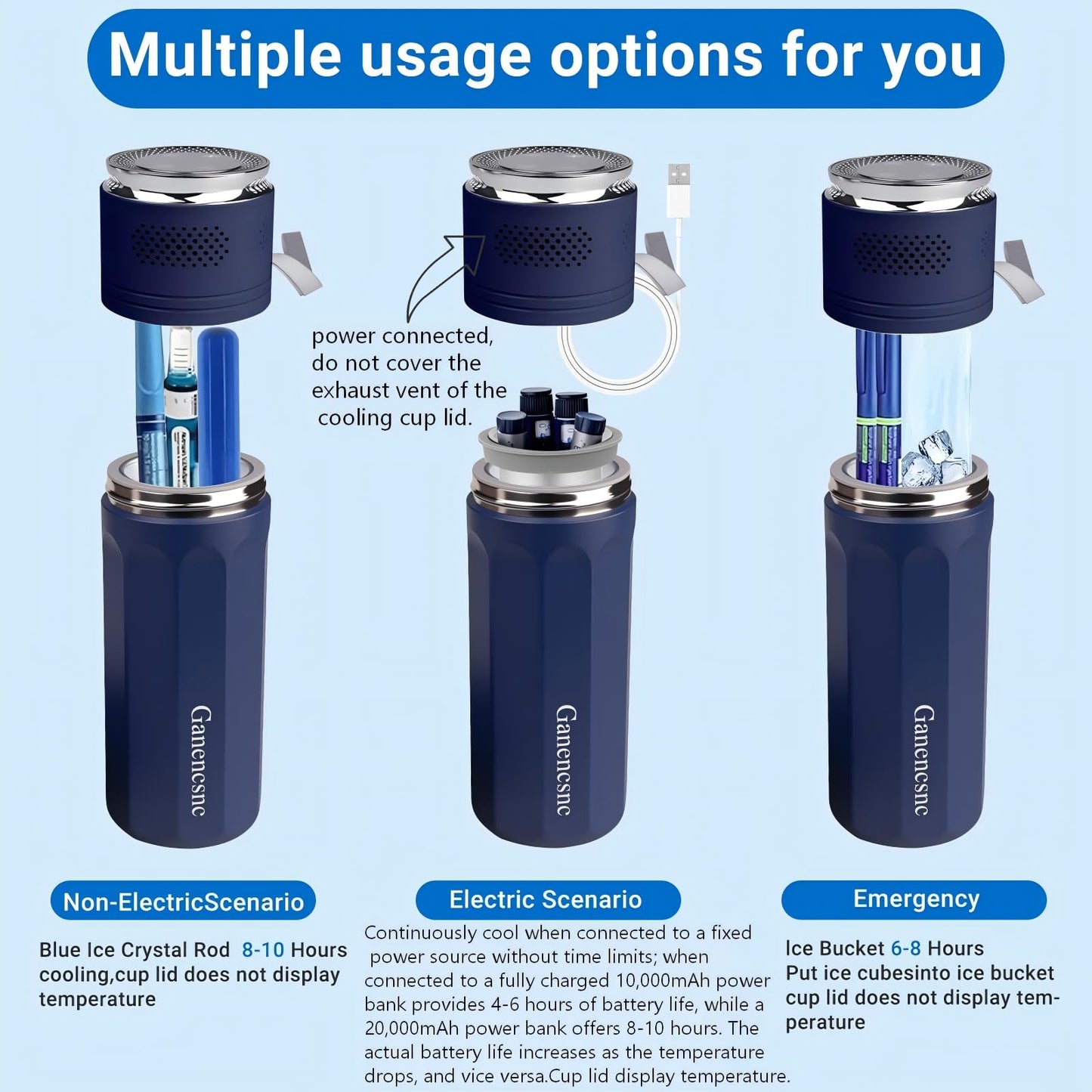 Electric Insulin Cooler Travel Case TSA Approved，USB Type-C Smart Cooling, 10000mAh Power Bank ，Large Capacity Medication Cooler，Medical Cooler for Travel （Blue,inclued10000mAh Power Bank ）