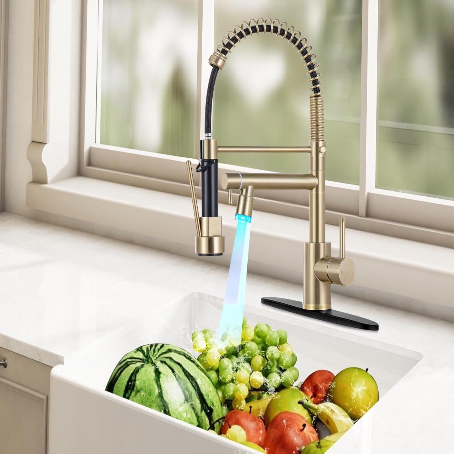 VIDEC Smart Kitchen Faucet, 3 Modes Pull Down Sprayer, LED Temperature Control, Ceramic Valve,360-Degree Rotation,1 or 3 Hole Deck Plate, Double Spout. 10-Year Warranty.(Brushed Gold, KW-21CG)