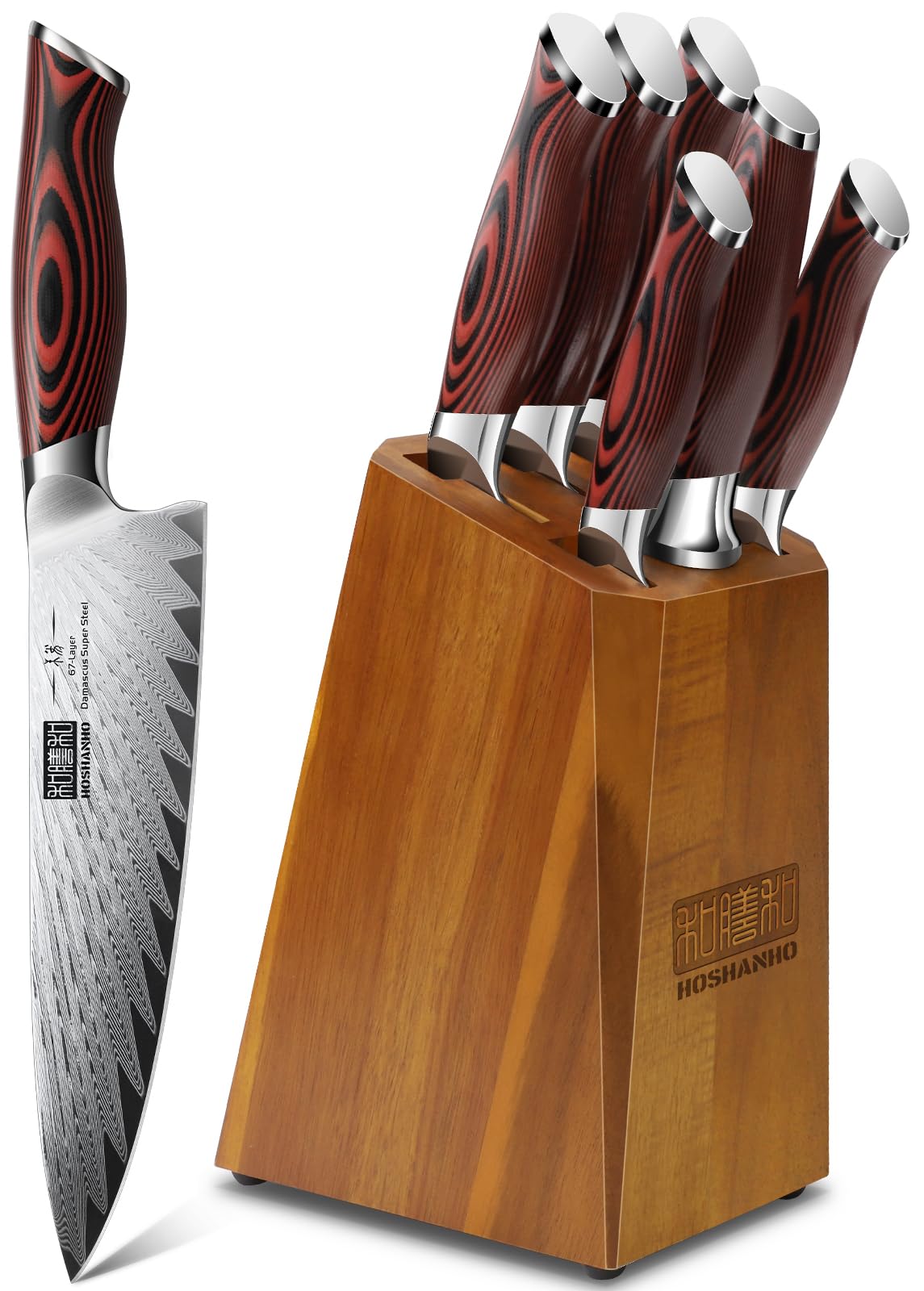 HOSHANHO Kitchen Knife Set with Block, 7 Pieces Chef Knife Set 67 Layers Damascus Steel Professional Knife Set for Cooking, Ergonomic G10 Handles with Sharpener