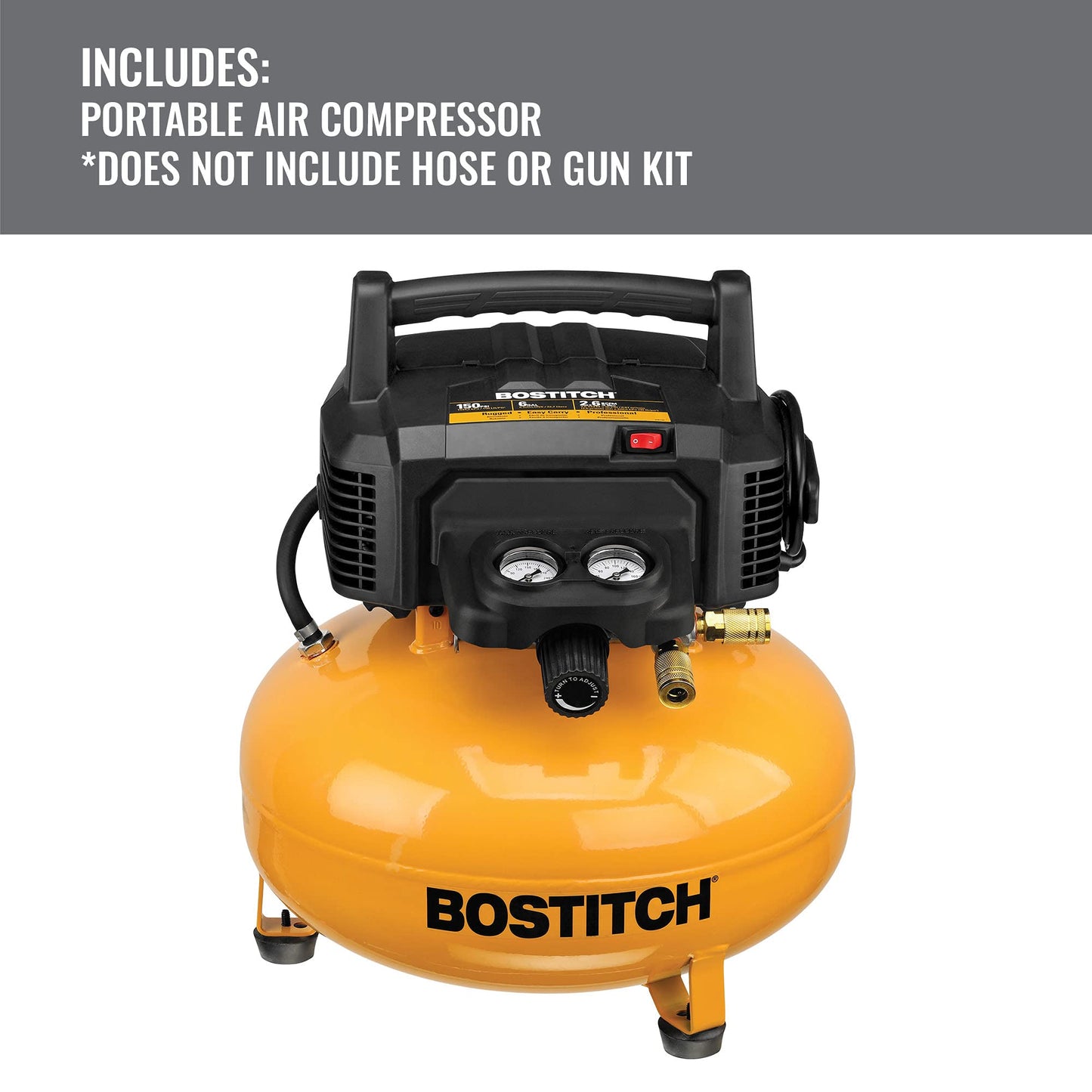 Bostitch 6 Gallon Pancake Air Compressor & 13 Piece Accessory Kit: Air Hose, Blow Gun and Adapter, Blow Chuck, Tire Gauge, Rubber Blow Gun Nozzle, Inflation Needle, and Male Quick Connect Plug