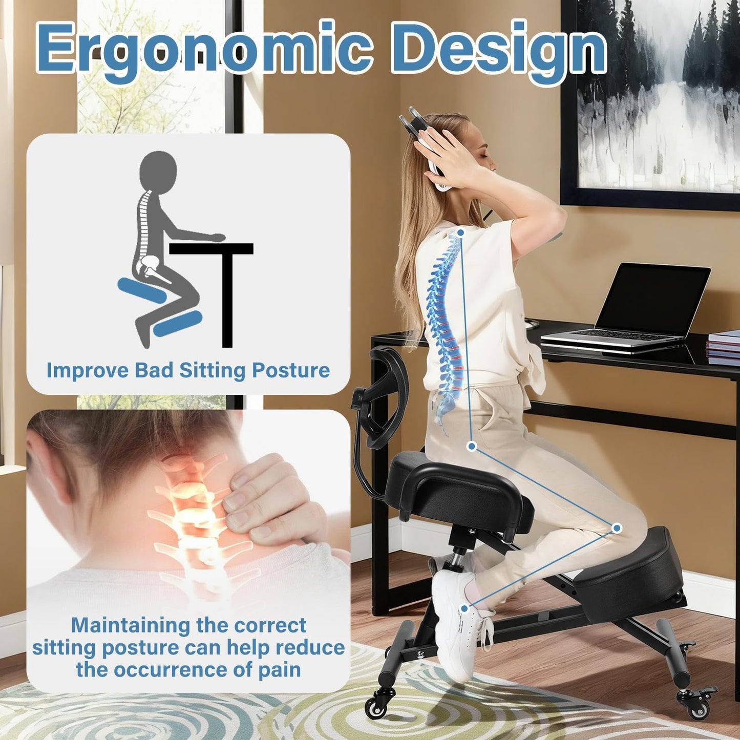 Ergonomic Kneeling Chair with Back Support, Height Adjustable Stool for Home and Office, PU Kneeling Chair for Desk to Relieve Back Discomfort, Thick Moulded Foam Cushions Brake Casters