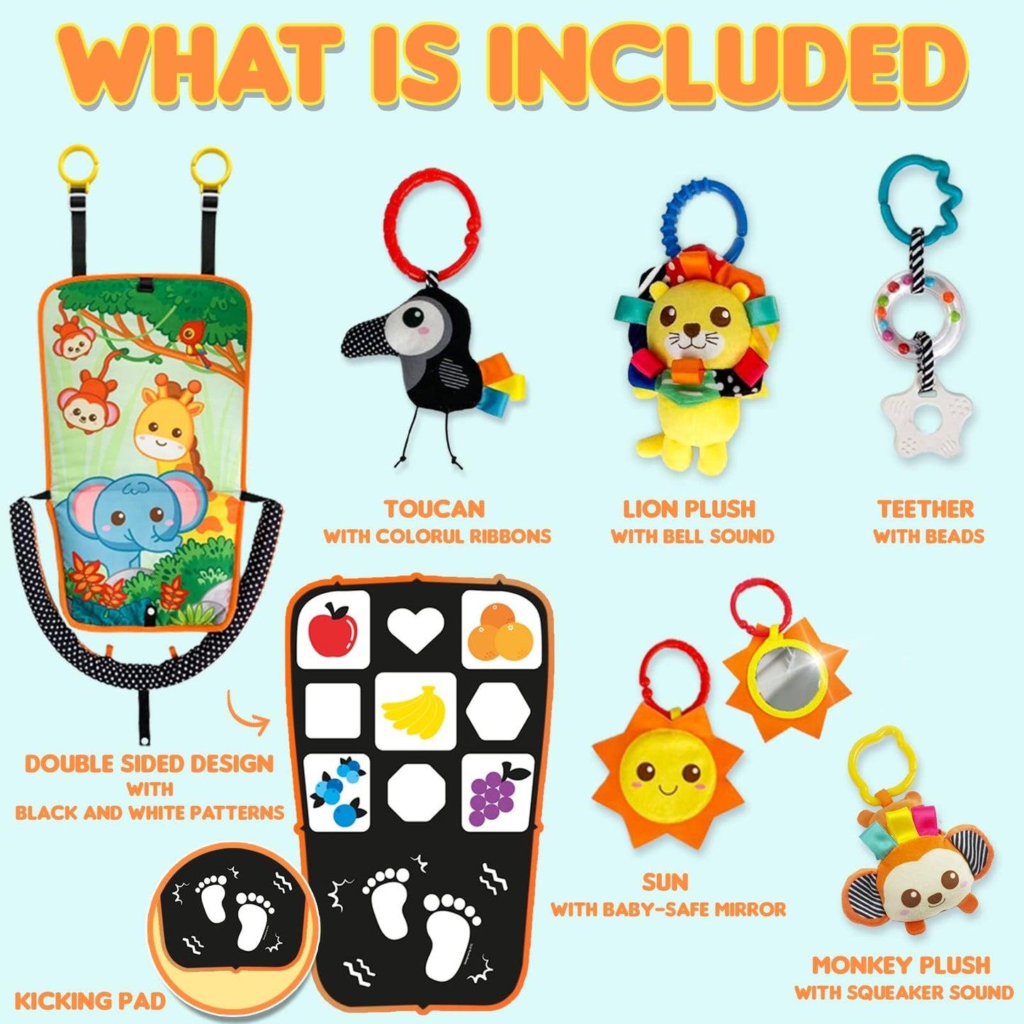 Innofans Baby Car Seat Animals Toys - Kick and Play Double Sided Infant Car Seat Toys with Plush Toys, Mirror, Teether for Baby, Babys Travel Activities, Christmas Birthday Gifts Newborn Infant Toys