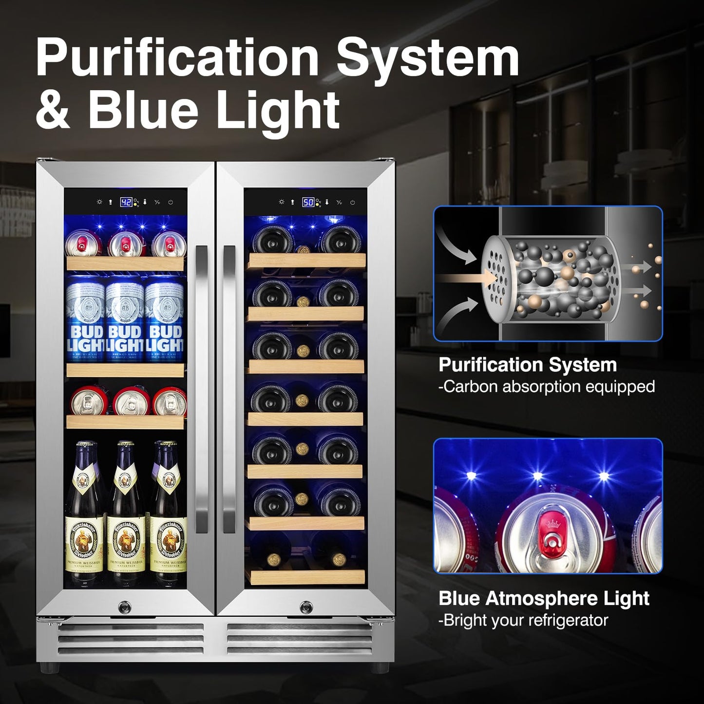 Velieta 24 Inch Upgraded Wine and Beverage Refrigerator– Dual Zone Beverage Cooler with Glass Door | Under Counter or Freestanding | Large Capacity, Advanced Cooling System & Carbon Purification