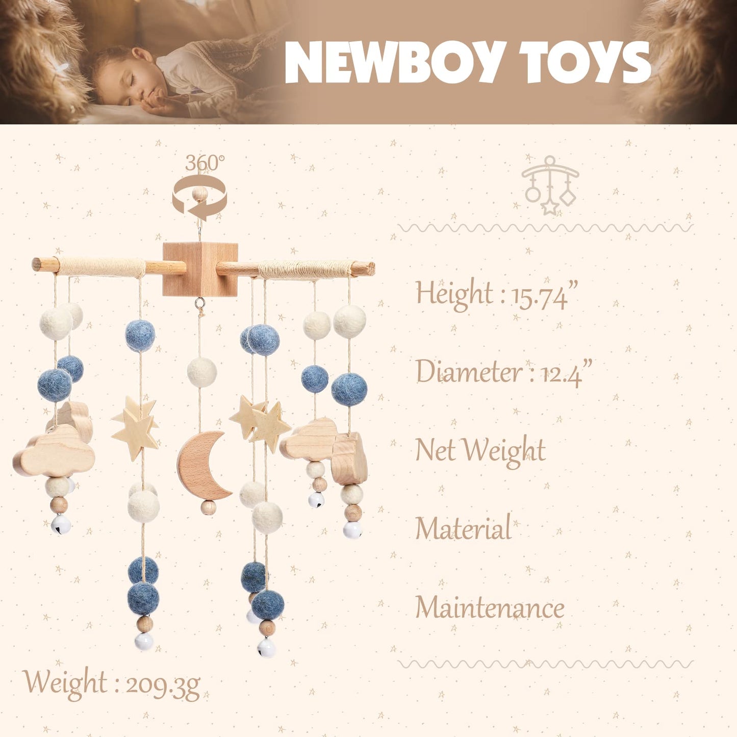 Boho Baby Crib Mobile Decor - Wooden Moon and Stars Nursery Mobiles with Cloud for Bassinet Starry Night Handmade Soft Felt Beads Hanging Wind Chime Toys Pendant for Infant Newborn Boy and Girl