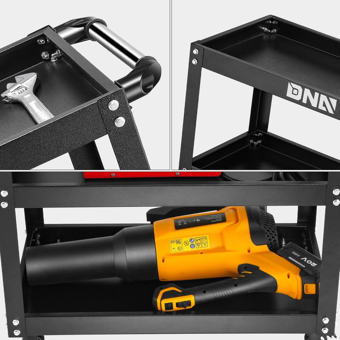 DNA MOTORING 3 Tier Rolling Tool Cart, Heavy Duty Rolling Service Tool Cart with 3 Tires, Metal Service Cart for Warehouse, Garage, Office, Workshop, TOOLS-00796-BK