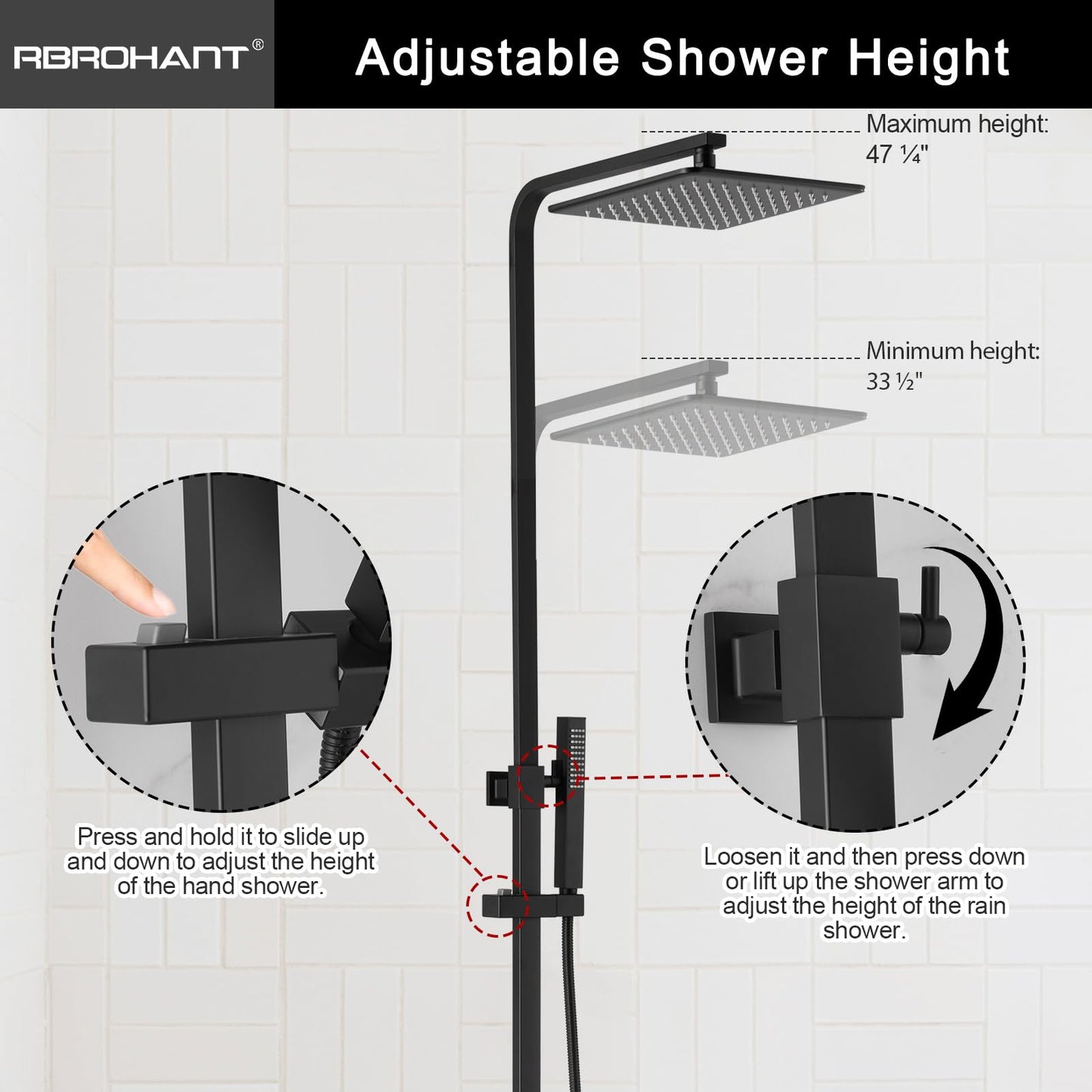 RBROHANT 3 Functions Exposed Shower System, Matte Black Exposed Shower Faucet Set, 10 Inch Rain Shower Head with Handheld and Tub Spout,Shower Height Adjustable, Wall Mounted