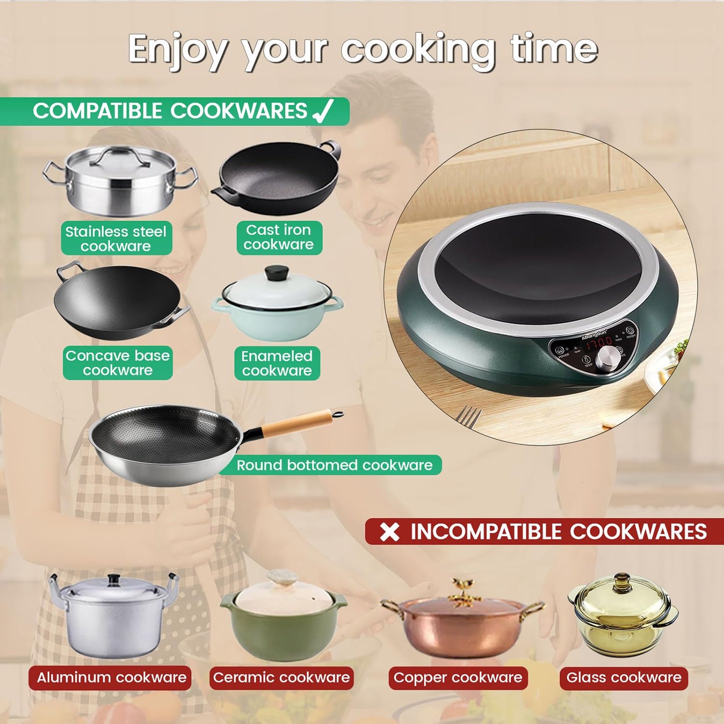 Abangdun Concave Induction Wok Cooktop 1700W 120V – Continuous Non-Pulsed Heating Stir Fry Burner for Asian Cooking, Stainless Steel Wok Induction Burner for Round Bottom Woks
