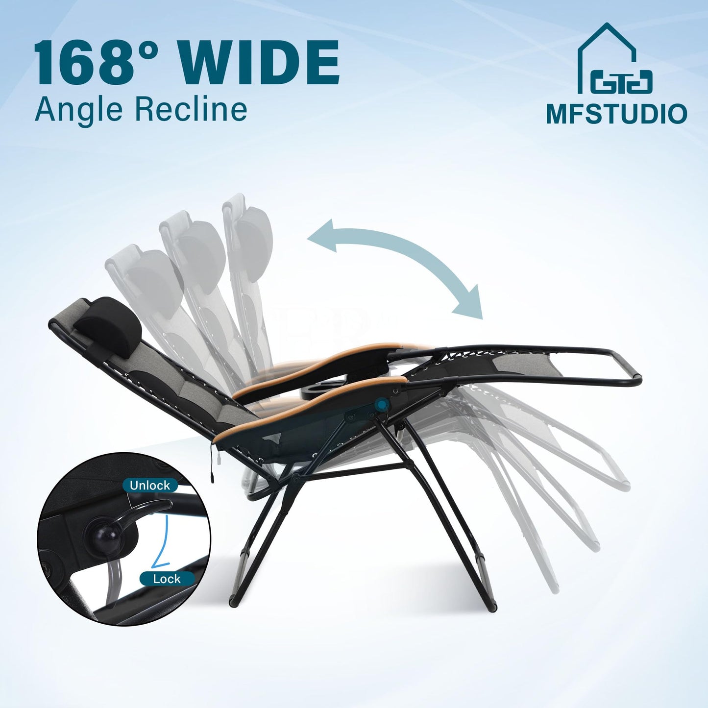 MFSTUDIO Zero Gravity Chairs, Oversized Patio Recliner Chair, Padded Folding Lawn Chair with Cup Holder Tray, Support 400lbs, Black