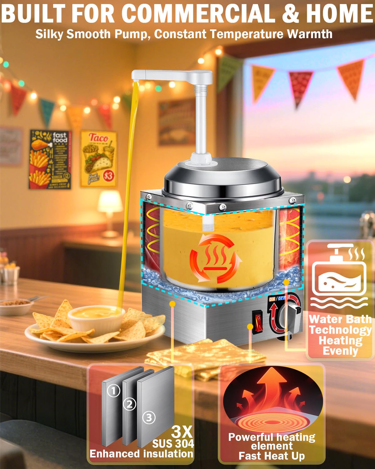 Nacho Cheese Dispenser with Pump - 2.8QT Stainless Steel Nacho Cheese Hot Fudge Sauce Warmer Machine with 6-Level Temperature Control, Commercial Dispenser for Hot Chocolate, Hot Fudge, and Caramel