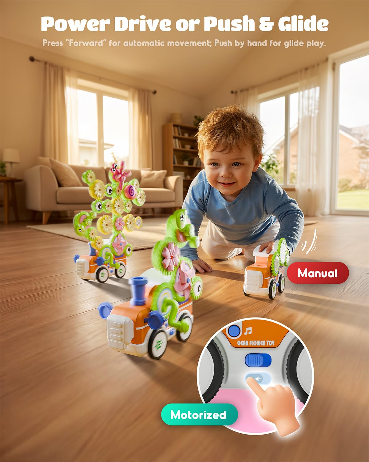 LIGHTDESIRE Montessori Toys for Toddlers 3 4 5 6 Years Old,Musical Baby Toy Train Electric Rotating Gear Flower Building Blocks Toddler Toys,Stem Toy DIY Assembly Birthday Gifts Baby Boy Girl