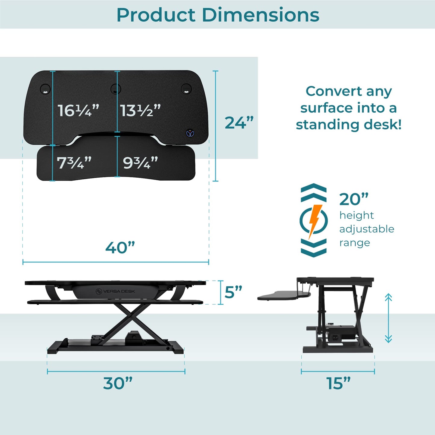 VERSADESK® PowerPro™ 40” x 24” Standing Desk Converter | 40 inch Electric Height Adjustable Sit to Stand Desk Riser w/ Keyboard Tray & USB Hub - Ergonomic Workstation for Home & Office, Black