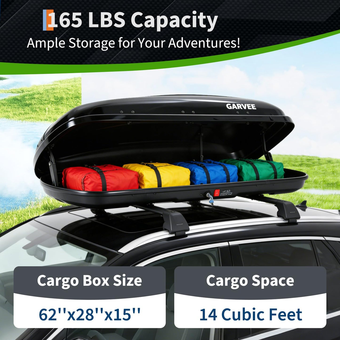 62 Inch Rooftop Cargo Box Carrier, 14 Cubic Ft. Hard Shell Roof Rack Cargo Carrier with Security Keys, 165 Lbs Capacity Waterproof Rooftop Storage Box, Dual Side Opening