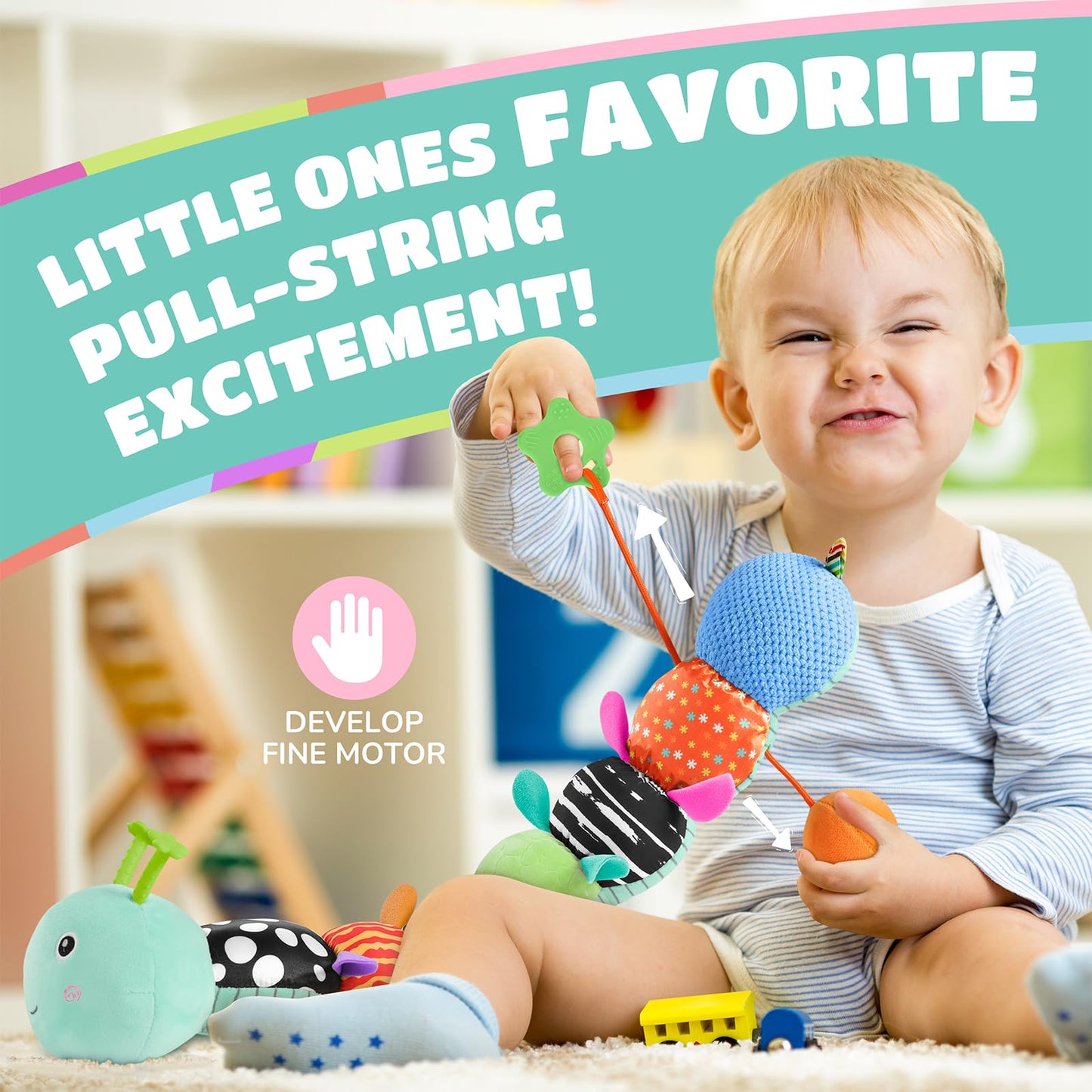 AWOTOY Baby Toys 6-12 Months Music Caterpillar Infant Toys Stuffed Animals 0-3-6 Months Teething Tummy Time Sensory Toys with Mirror Rattle&Pull String for Boys Girls Birthday Gifts|Tiffany Blue,Leafy
