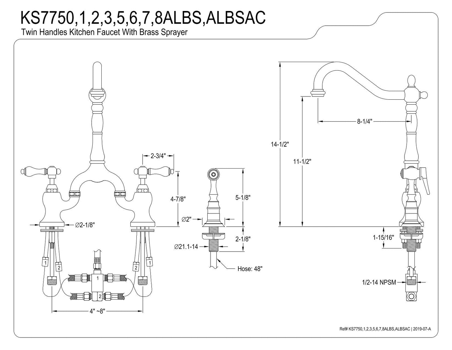Kingston Brass KS7752ALBS English Country Bridge Kitchen Faucet, Polished Brass, 8 x 8.25 x 14.5