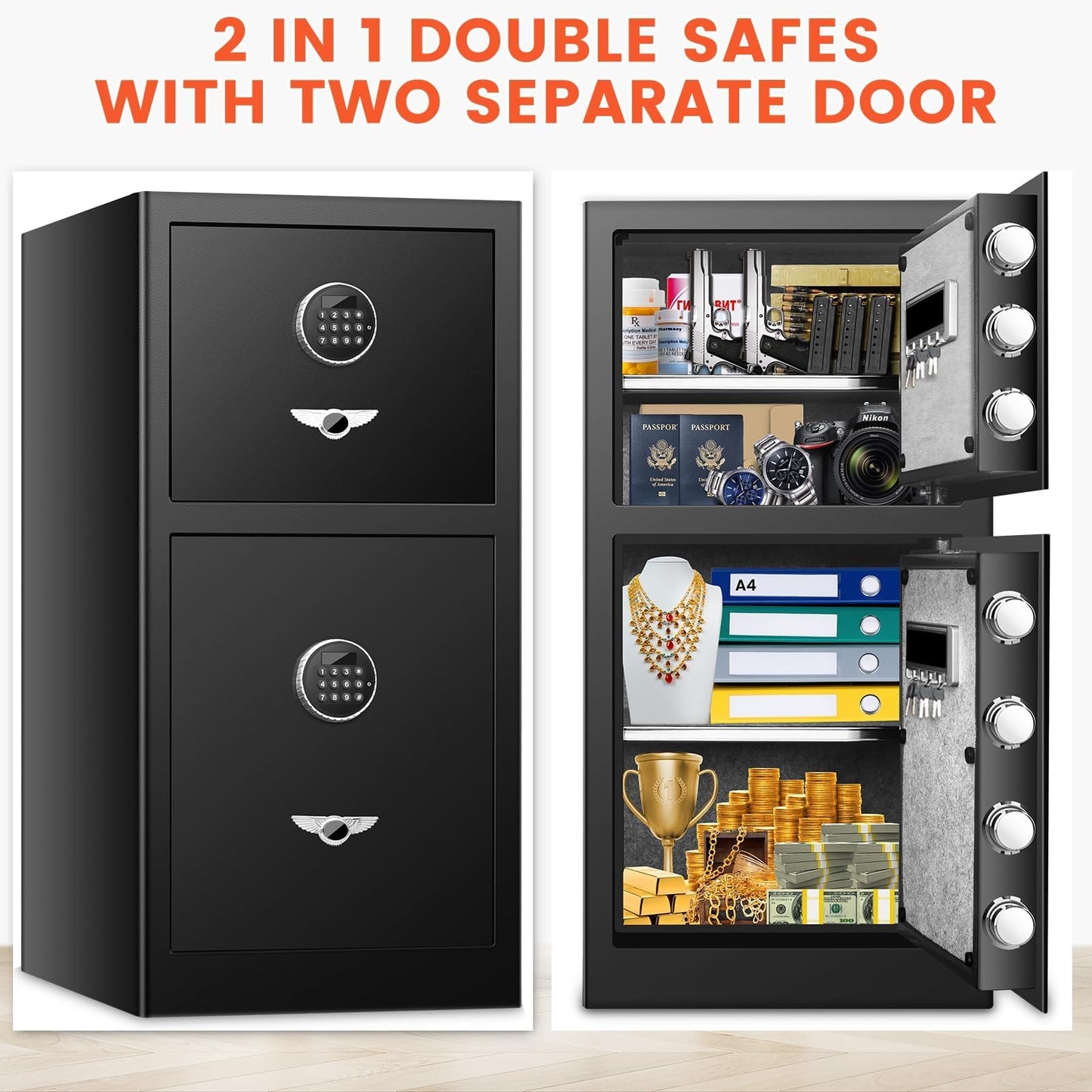 [𝟐𝟎𝟐𝟒 𝐍𝐞𝐰] 7.6 Cu Ft Extra Large Home Safe Fireproof Waterproof with [DOUBLE SAFES], Heavy Duty Digital Security Box with [Hidden Compartment], Fireproof Safe for Home Business Office USE