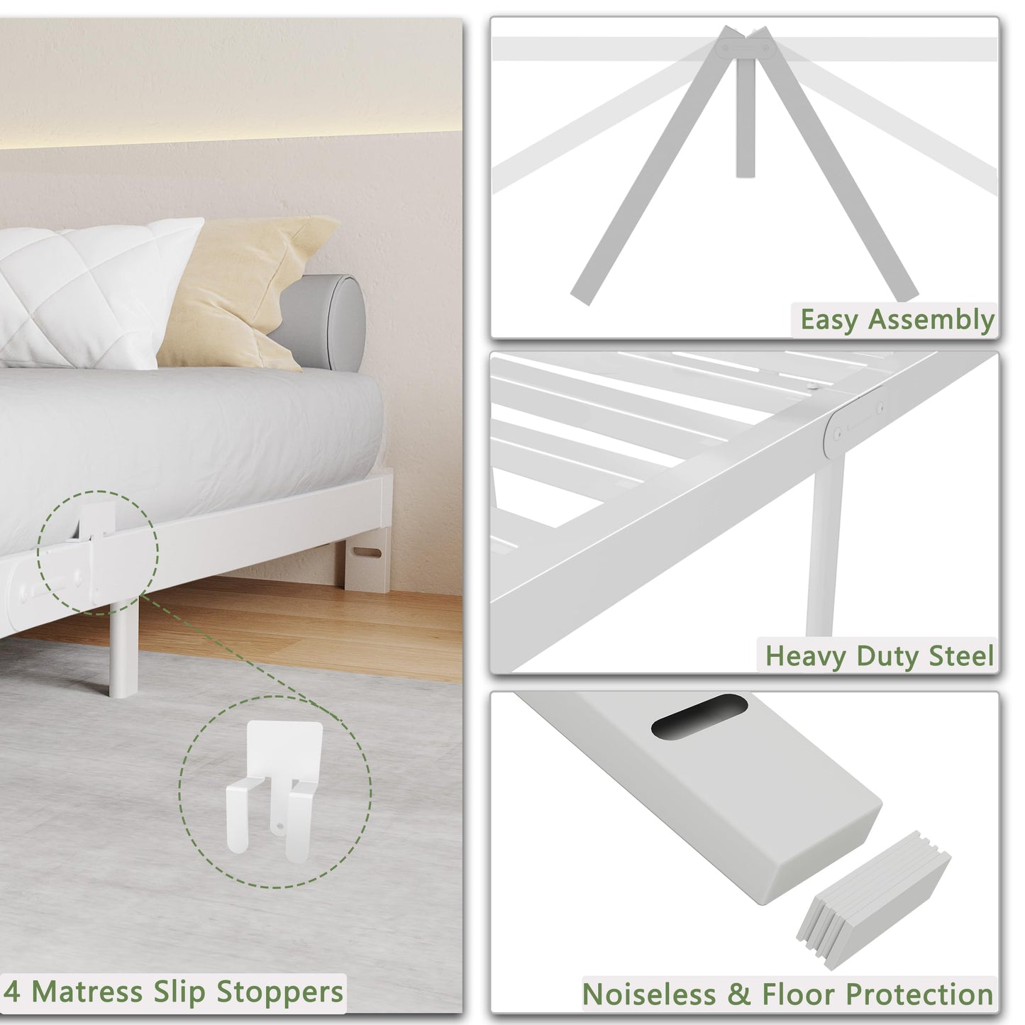 KZZLOL 6 Inch White Low Profile Bed Frame Queen, Low Queen Size Bed Frame No Box Spring Needed, Mattress Stopper, DIY Headboard, Heavy Duty Beds Support 3000 LBS, Rounded Leg, Easy Assembly, Noiseless