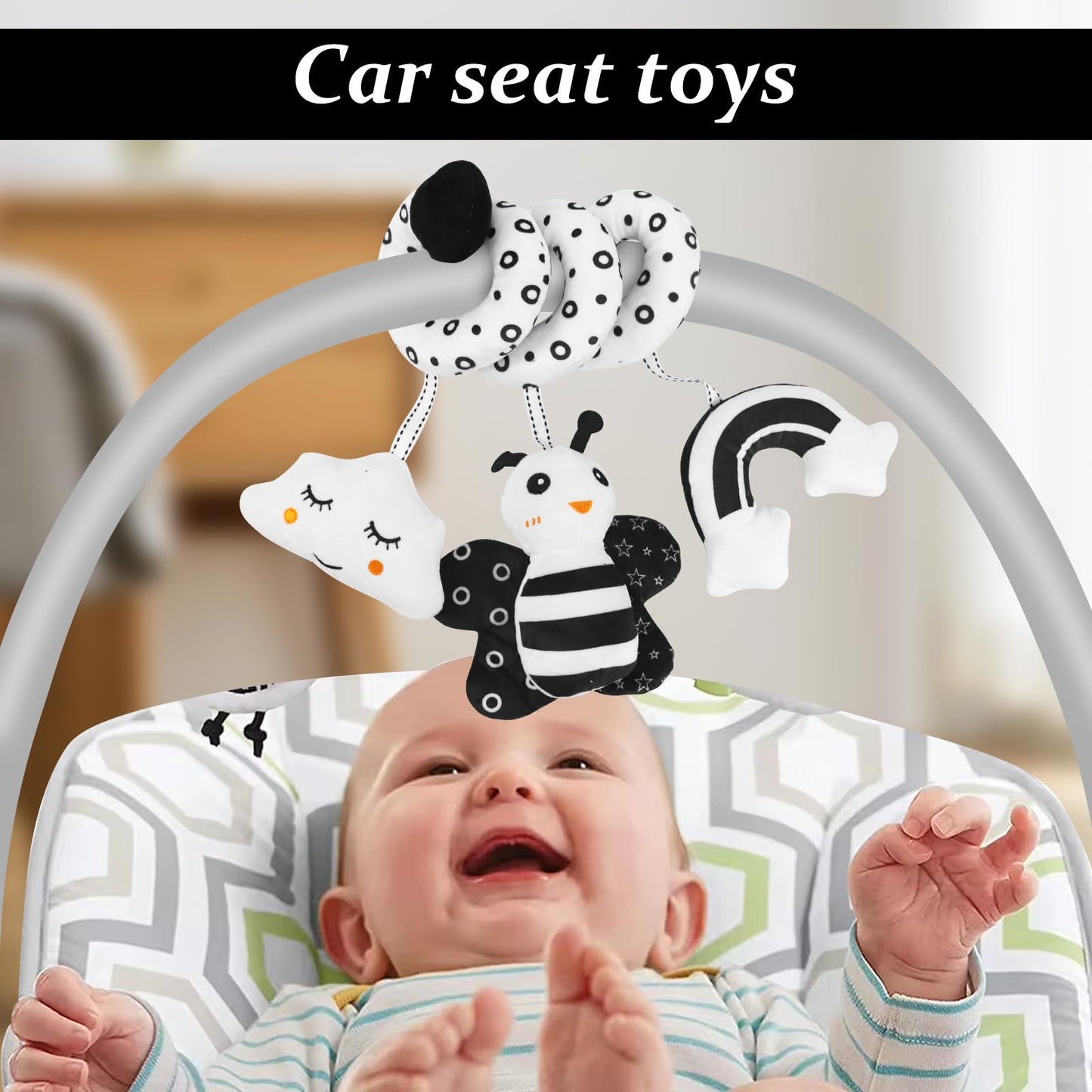 VIESMUMU High Contrast Baby Toys for Newborn, Black and White Baby Toys, Newborn Toys 3 Months Brain Development with Car Seat Toys Hanging Rattle Toys (Classic Edition)