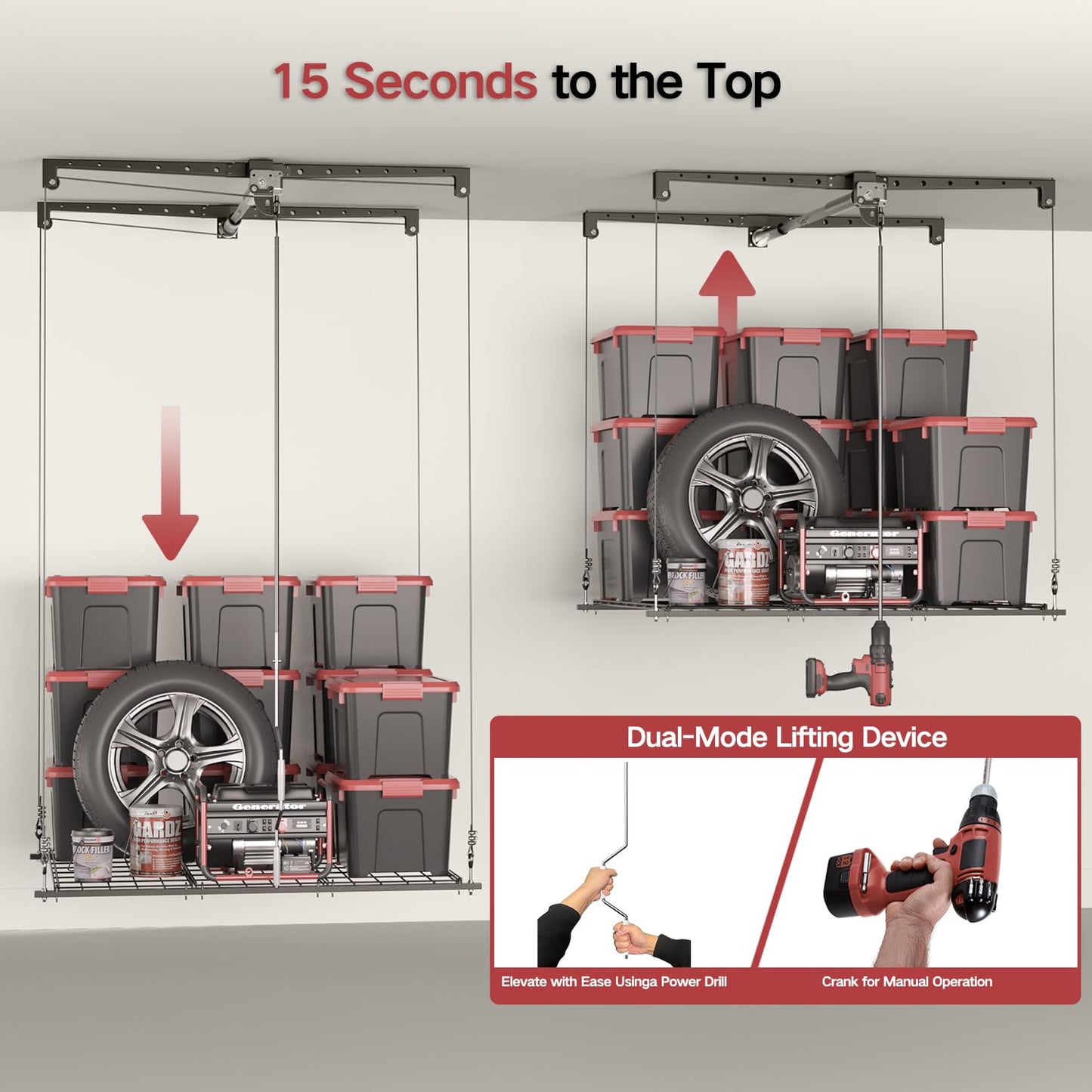 Overhead Garage Storage Rack for 12–14 FT Ceiling, Heavy-duty 4x4 FT Ceiling Storage Racks with Safety Lock, Ideal for Garage Storage Mounted Lift System and Storage Organizer, 250lbs Capacity
