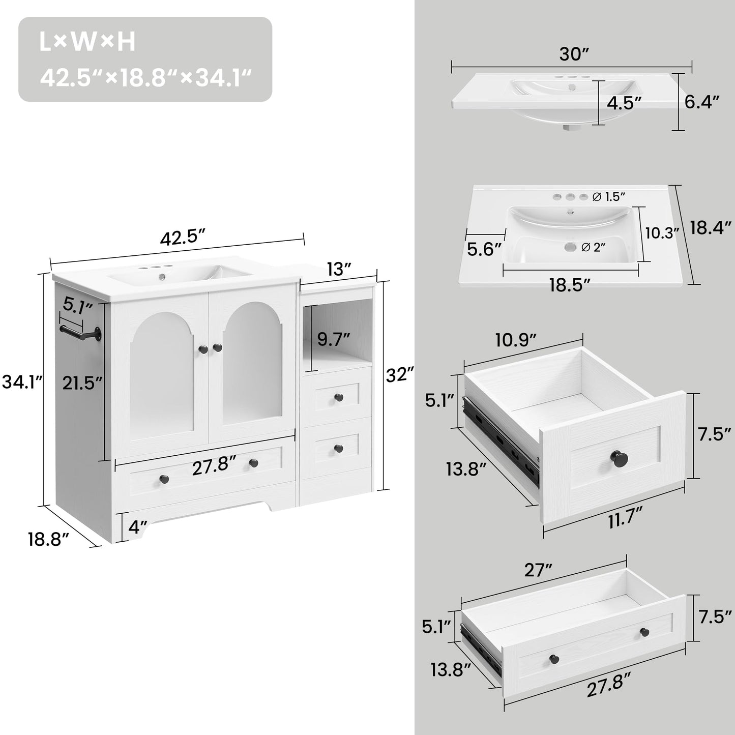 IRONCK 42 Inch Bathroom Vanity with Sink Set, Bathroom Cabinet Vanity with 2 Visual Buffer Gate, Pedestal Sink Storage Cabinet with 3 Drawers, Open Cubby, Swap Sides Design, White