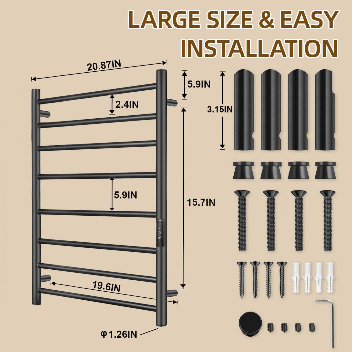 Aquatrend Towel Warmers for Bathroom, Electric Heated Towel Rack Wall Mounted, Hot Storage Rack with Built-in Timer, Stainless Steel, 8 Bars, Plug-in, Fast Heating, Black